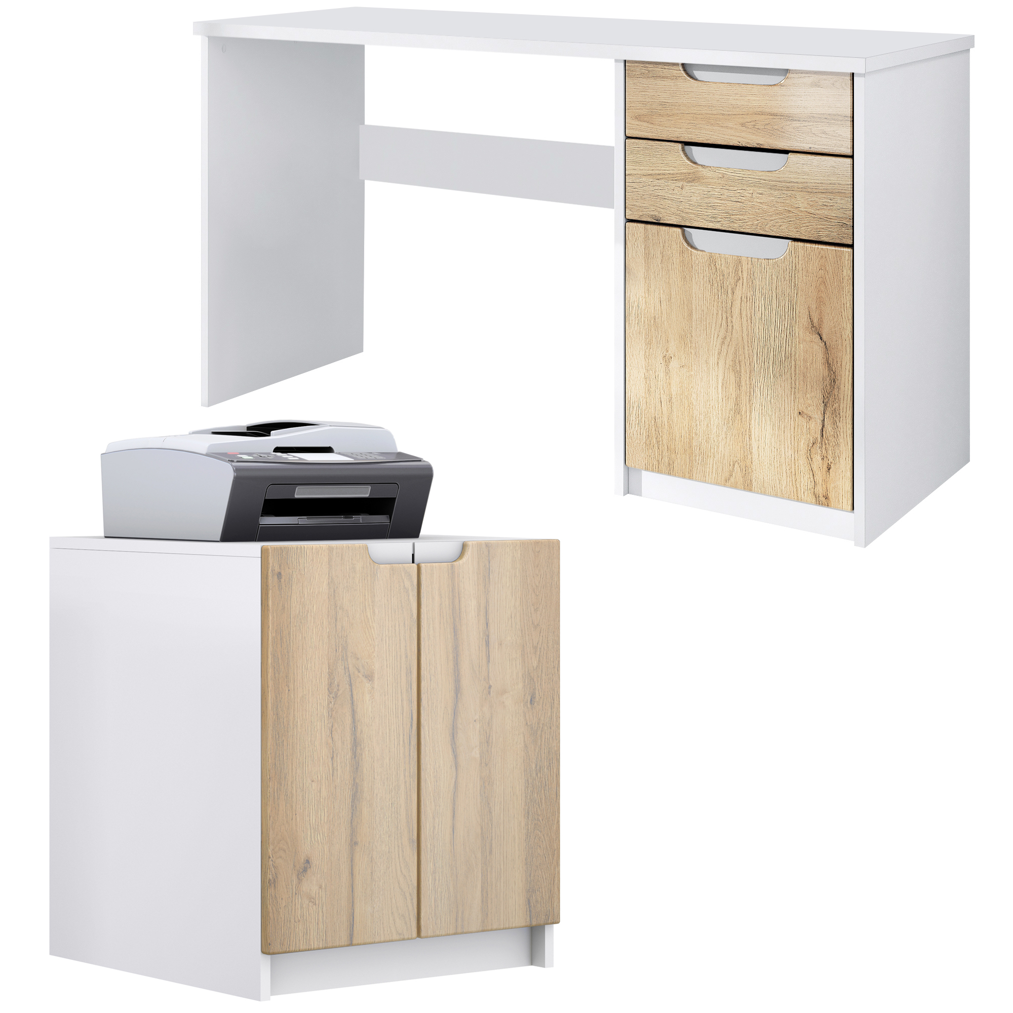 Büromöbel-Set Paris mit 1 Schreibtisch und 1 Druckerkommode Weiß matt / Eiche Natur