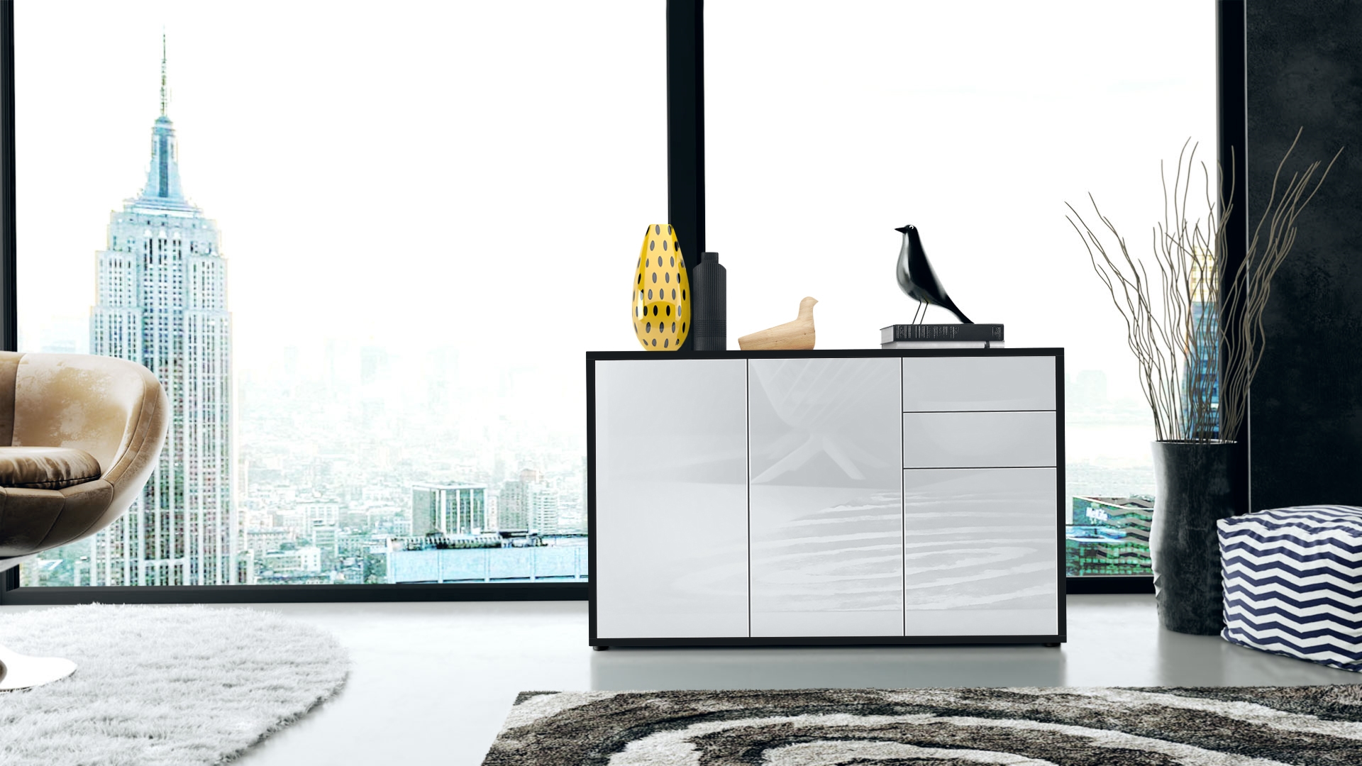 Kommode Ben V3  mit 3 Türen und 2 Schubladen Schwarz matt/Weiß Hochglanz (117 x 74 x 36 cm)