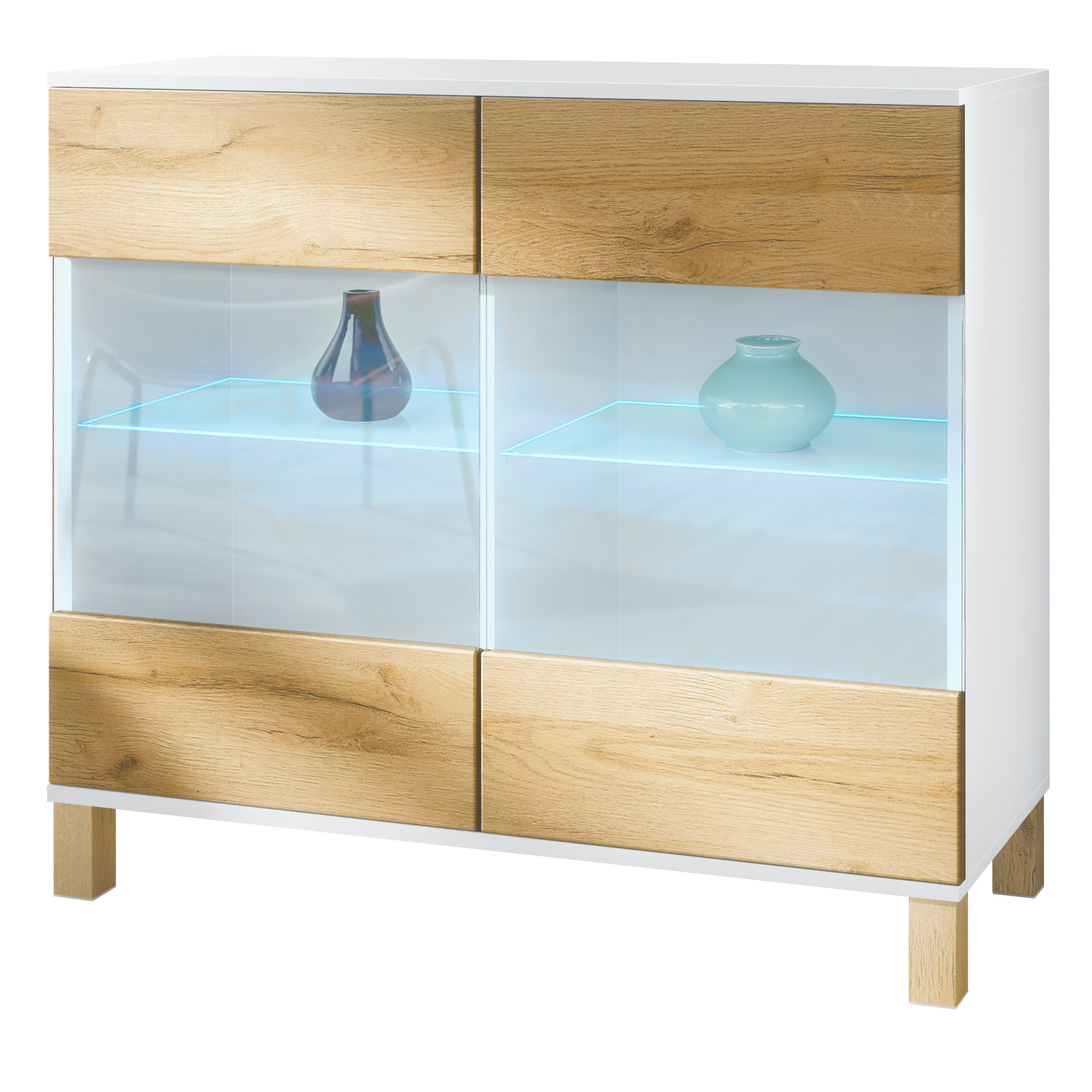 Bari V3 Kommode Weiß - Holz Edition mit 2 großen Glastüren Weiß matt / Eiche Natur (92,5 x 84,5 x 35)