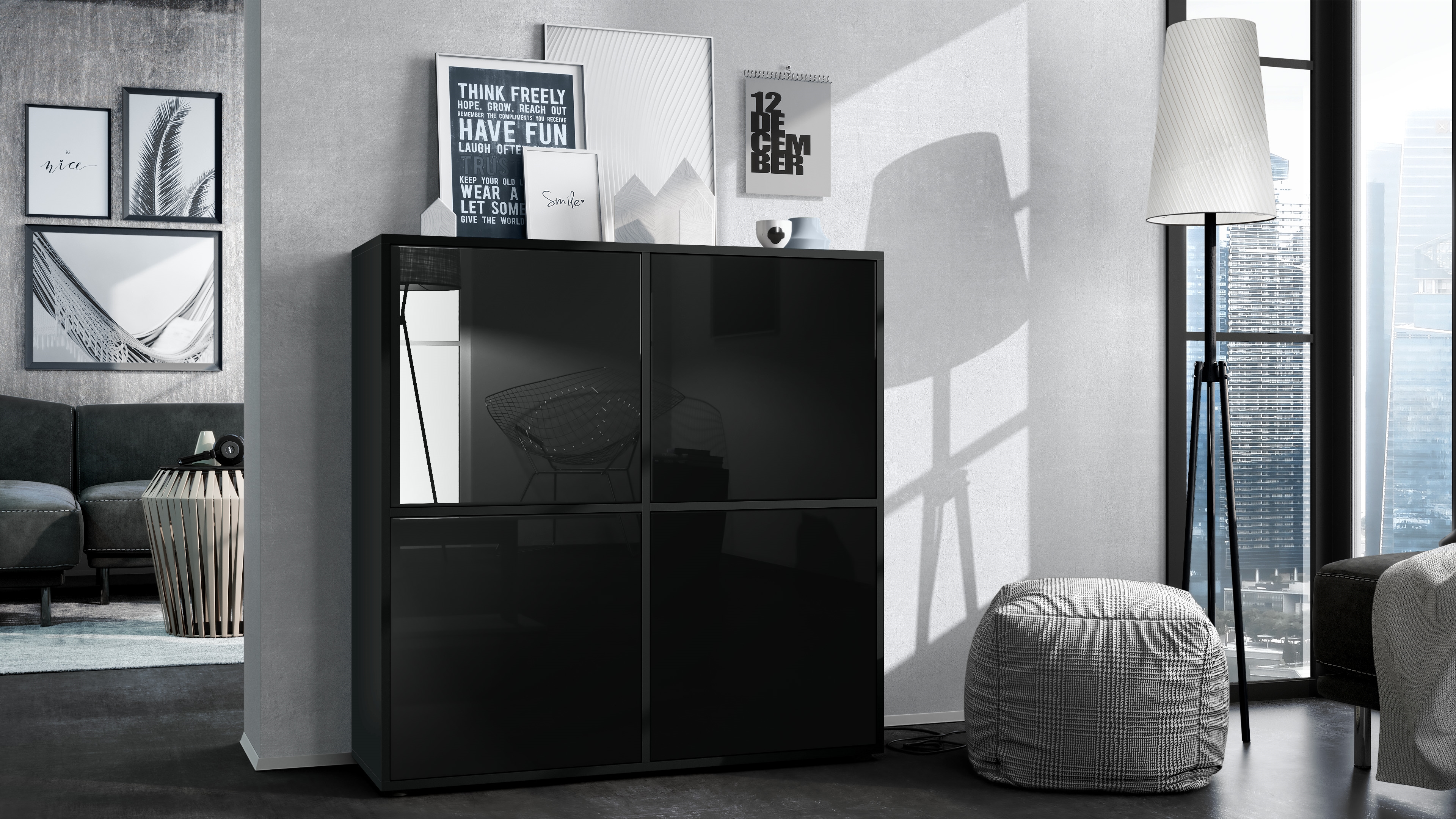 Highboard Cuba V2 104 x 105,5 x 35,5 cm Sideboard mit 8 Fächern Korpus in Schwarz matt / Fronten in Schwarz Hochglanz