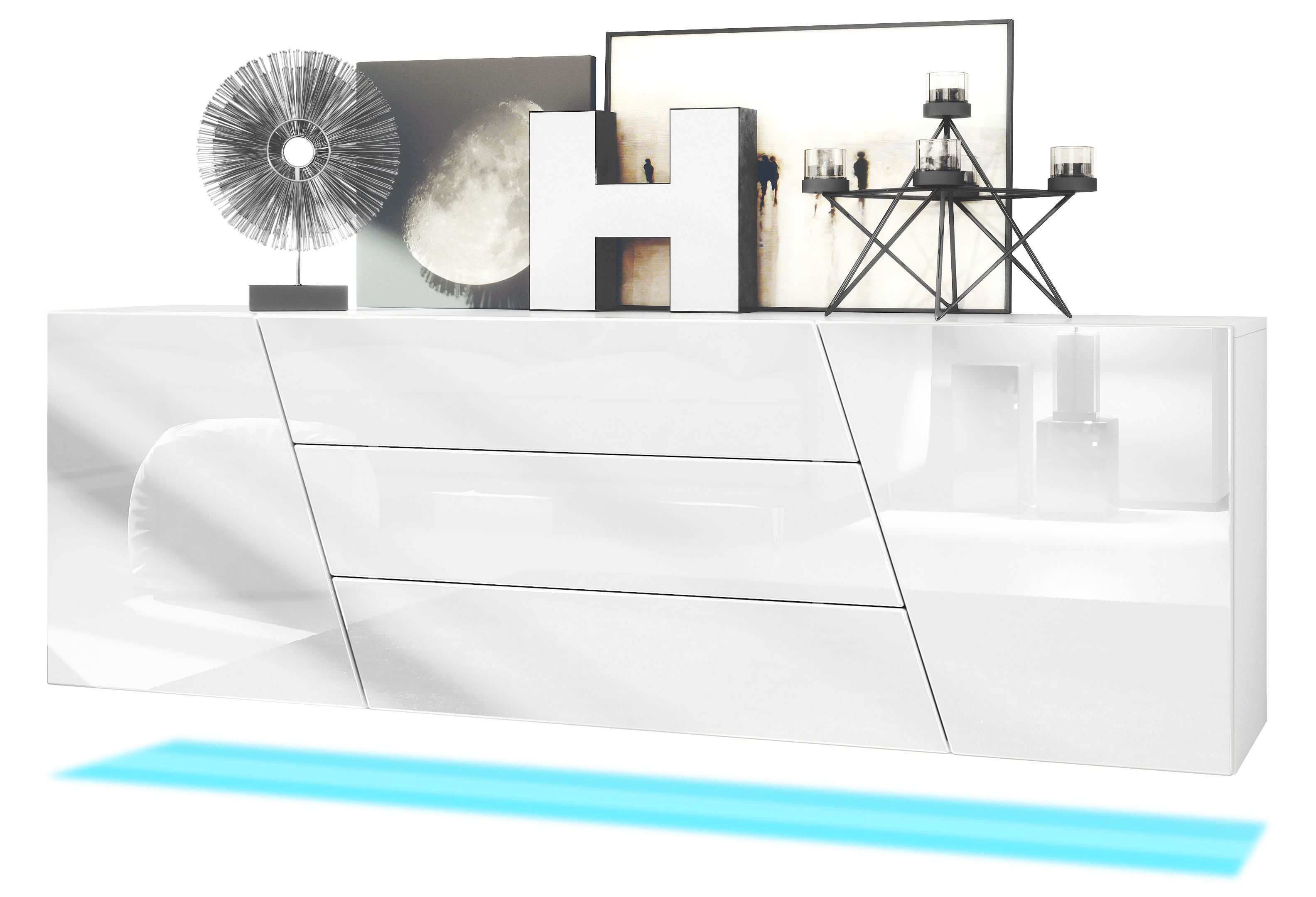 Houston Sideboard hängend mit 2 Türen und 3 Schubladen inkl. LED-Beleuchtung Weiß matt/Weiß Hochglanz (178 x 57,5 x 38,5 cm)