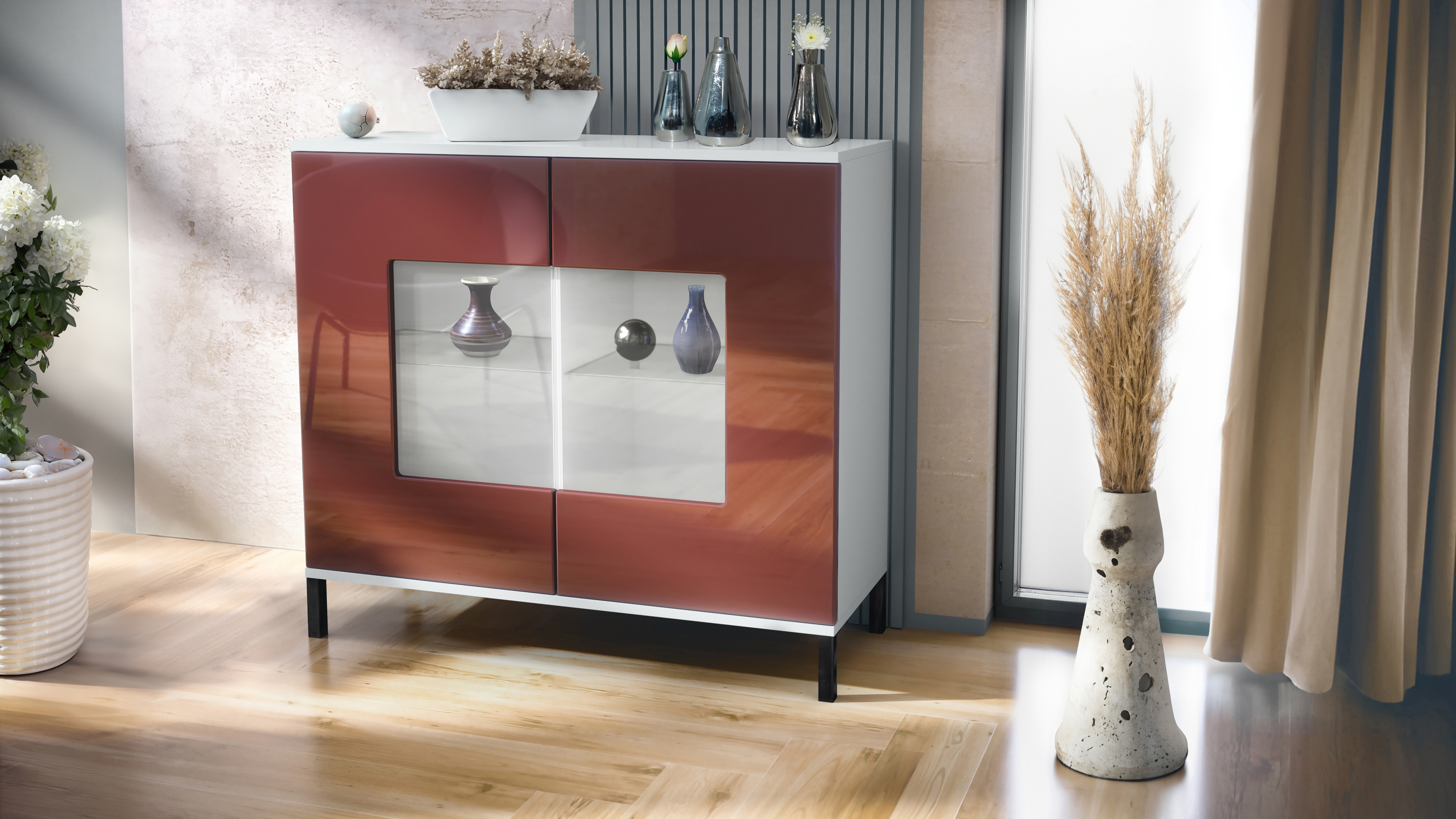Grömitz V3 Kommode Weiß mit 2 großen Glastüren Weiß matt / Bordeaux Hochglanz (92,5 x 83.5 x 35)