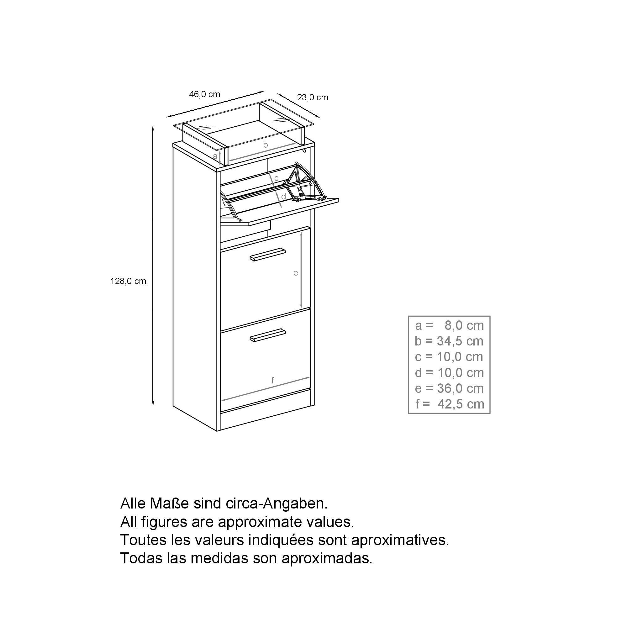 Schuhschrank Lavia V2 Weiß matt für 12 Paar Schuhe mit 3 Klappen und Glasablage Weiß matt/Avola-Anthrazit (46 x 128 x 23 cm)