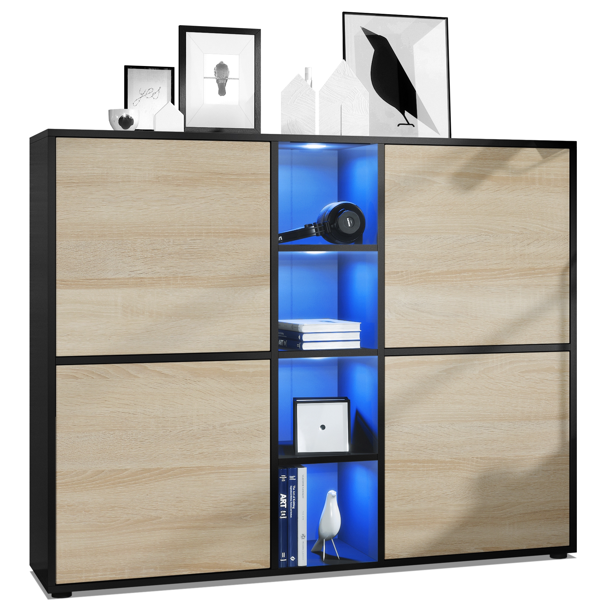 Highboard Cuba V3   mit 12 Fächern, inkl. RGB LED Beleuchtung  Korpus in Schwarz matt / in Eiche sägerau (130,5x105,5x35,5 cm)