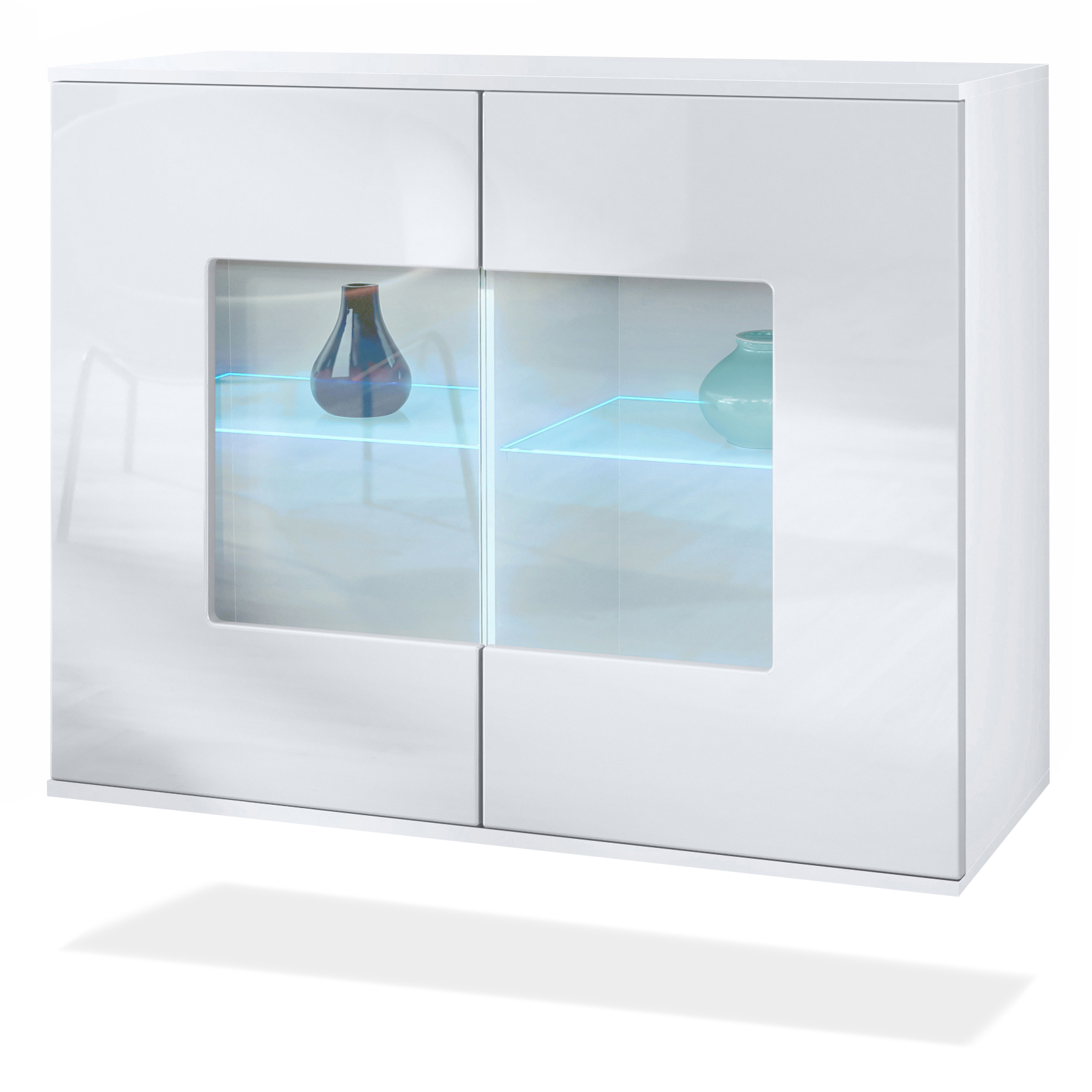 Grömitz V3 Kommode Weiß + LED mit 2 großen Glastüren inkl. RGB Beleuchtung Weiß matt / Weiß Hochglanz (92,5 x 73.5 x 35)