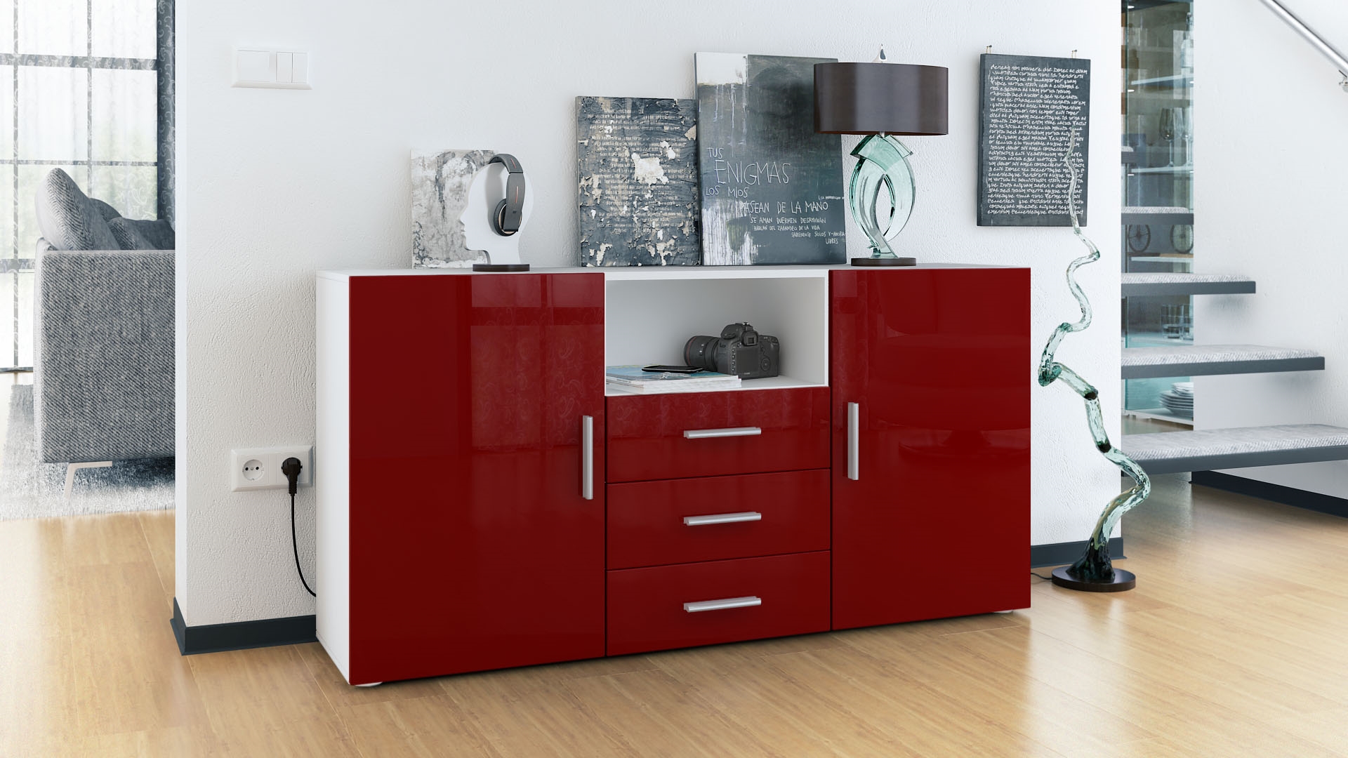 Sideboard Skadu  mit 2 Türen, 3 Schubladen und 1 offenem Fach Weiß matt/Bordeaux Hochglanz (138,5 x 71,5 x 35 cm)