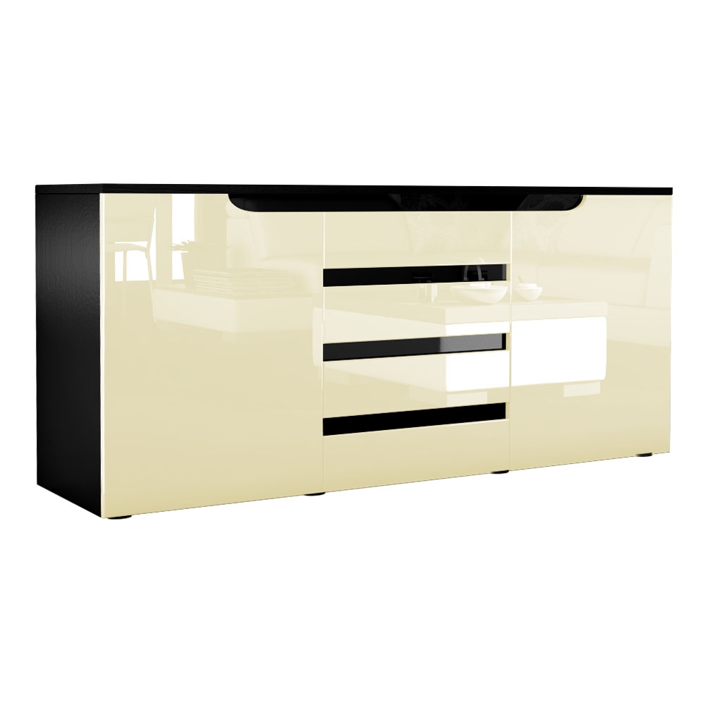 Sideboard Sylt mit 2 Türen und 4 Schubladen Schwarz matt/Creme Hochglanz/Schwarz Hochglanz (139 x 72 x 35)