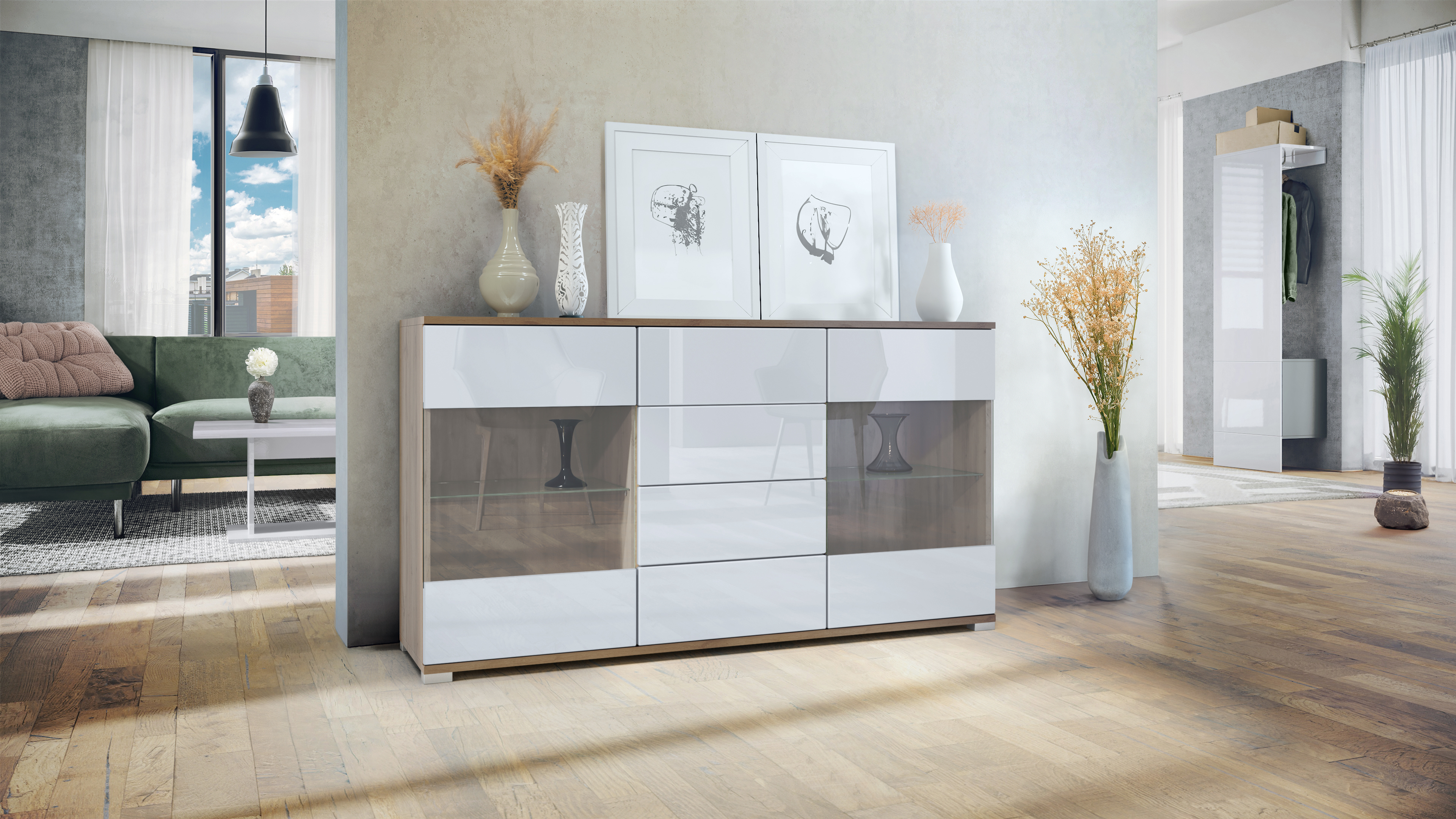 Sideboard Bari V1 Eiche Evoke 4 Schubladen und 2 flexible Glaseinlegeböden Eiche Evoke/Weiß Hochglanz (138,5 x 75,5 x 35)