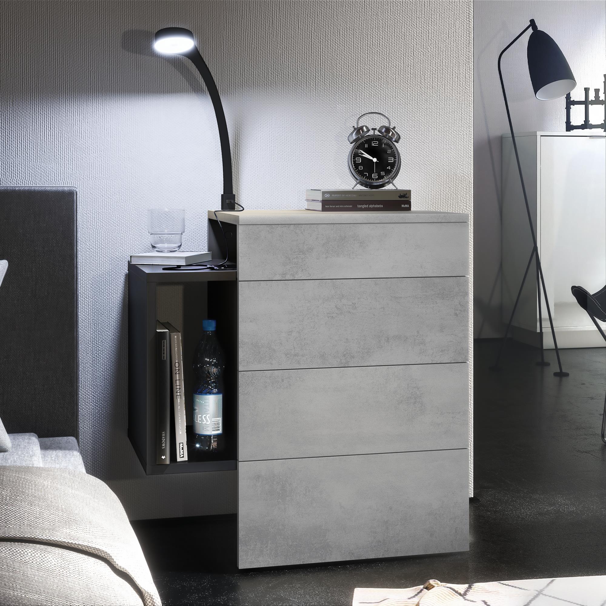 Nachttisch Queens und 1 seitlichem Fach zur Wandmontage Schwarz matt/Beton Oxid Optik inkl. LED Flexi Lampe (60 x 63 x 36 cm)