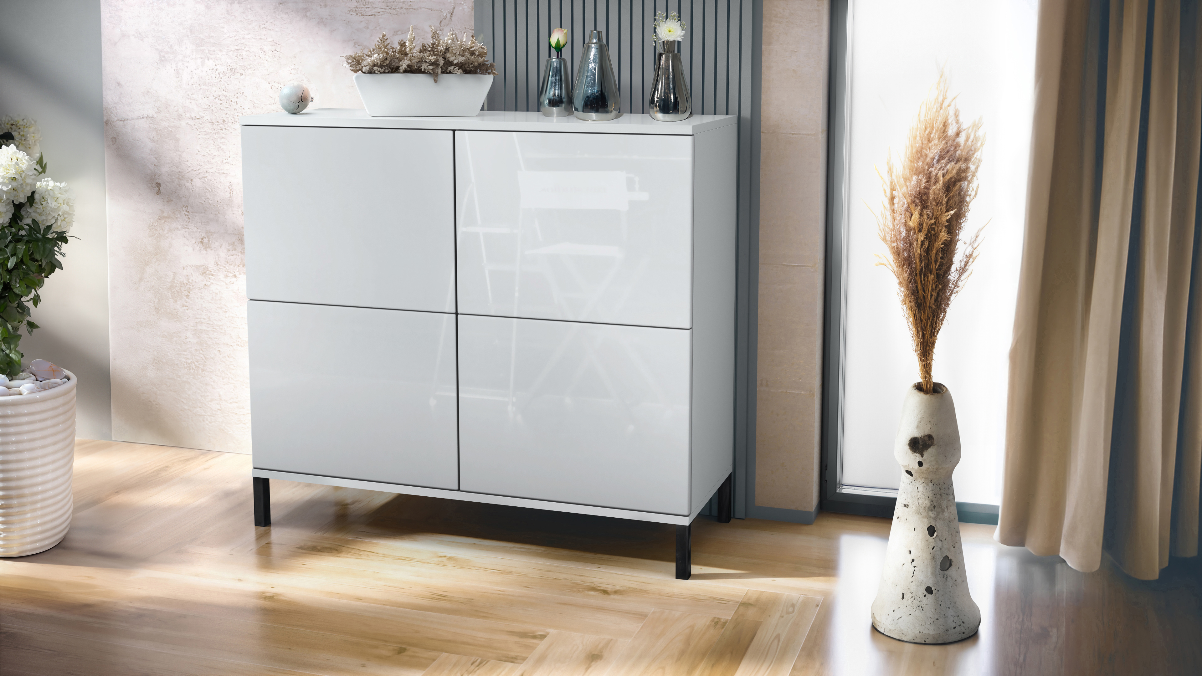 Rova V3 Kommode Weiß mit 4 Push-to-Open Türen Weiß matt / Weiß Hochglanz (92,5 x 83.5 x 35)