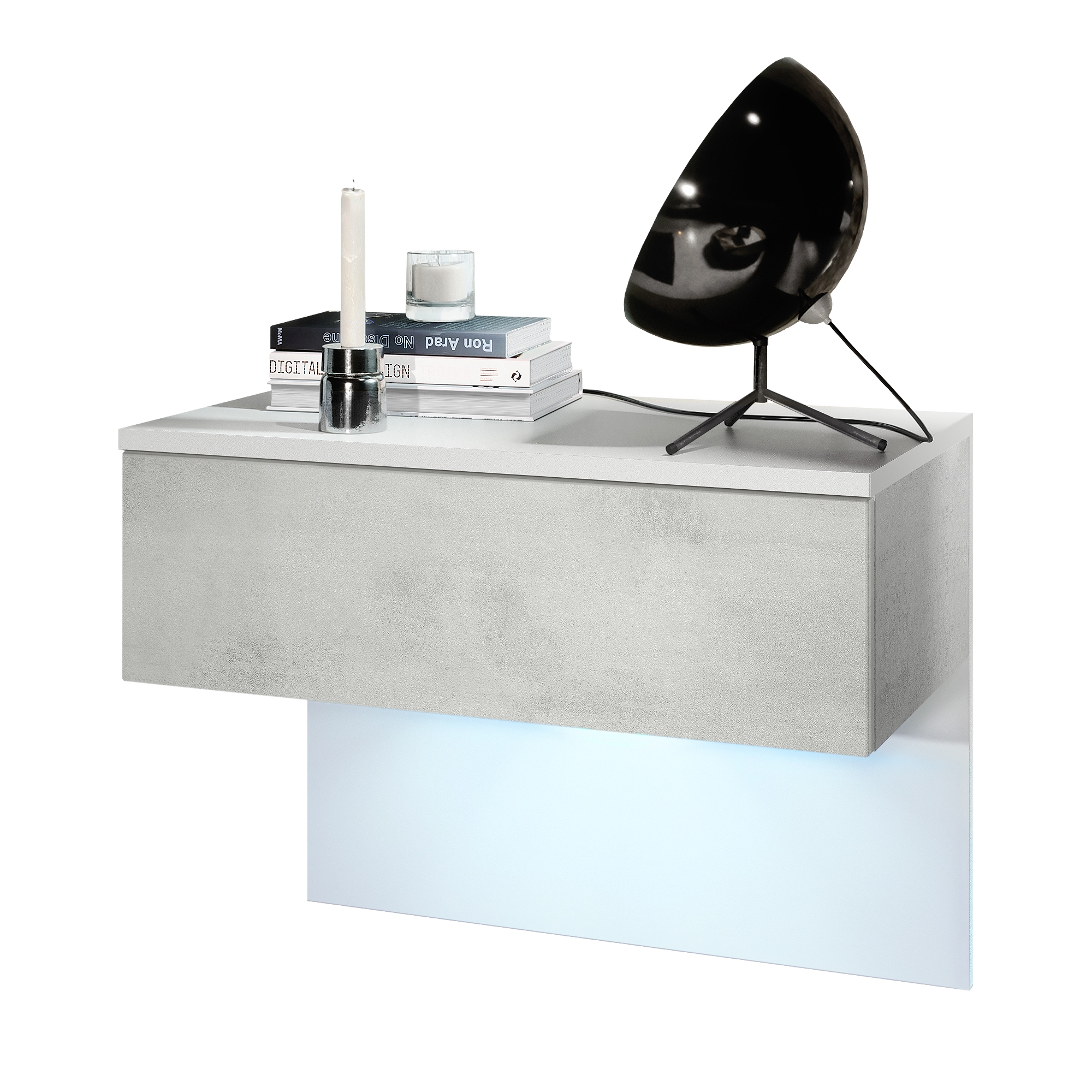 Nachttisch Sleep  mit Schublade zur Wandmontage Weiß matt/Beton Oxid Optik, inkl. LED-Beleuchtung (60 x 46 x 35 cm)
