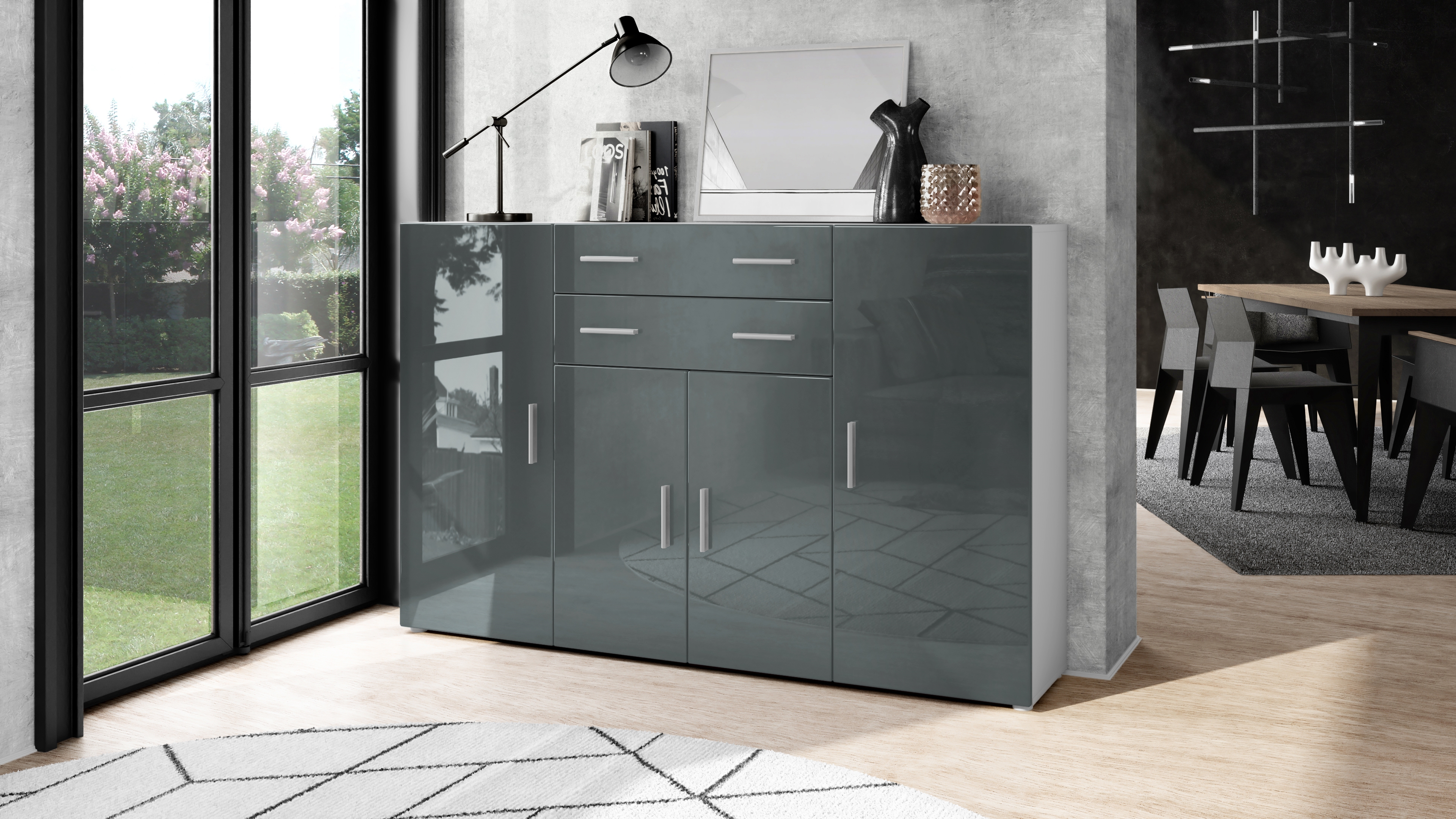 Highboard Aron  mit 4 Türen und 2 Schubladen Weiß matt/Grau Hochglanz (166,5 x 106,5 x 35 cm)