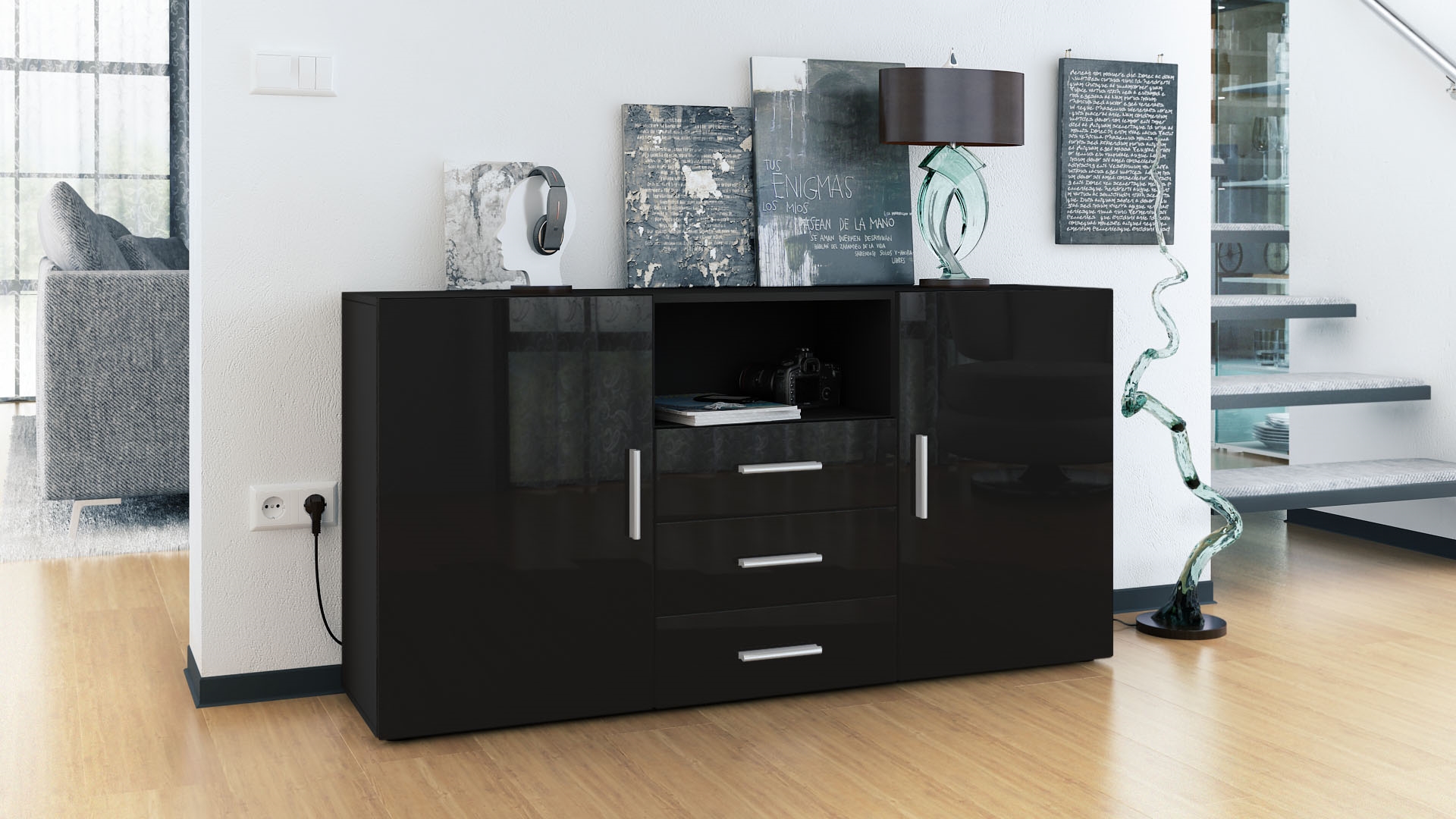 Sideboard Skadu  mit 2 Türen, 3 Schubladen und 1 offenem Fach Schwarz matt/Schwarz Hochglanz (138,5 x 71,5 x 35 cm)
