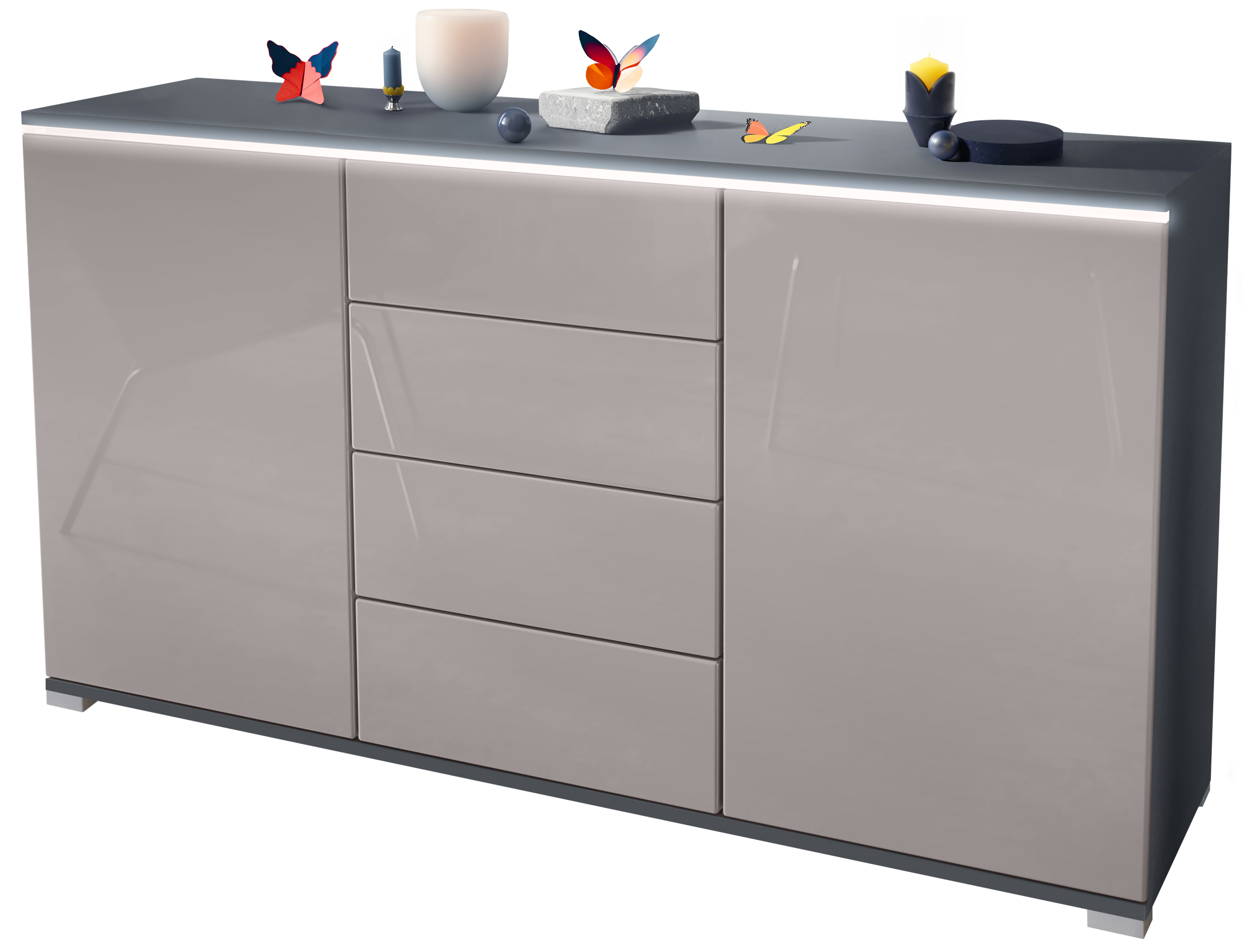 Sideboard Faro V1 Anthrazit Schrank mit LED Lichtleiste Anthrazit matt / Sandgrau Hochglanz (138,5 x 75,5 x 35)