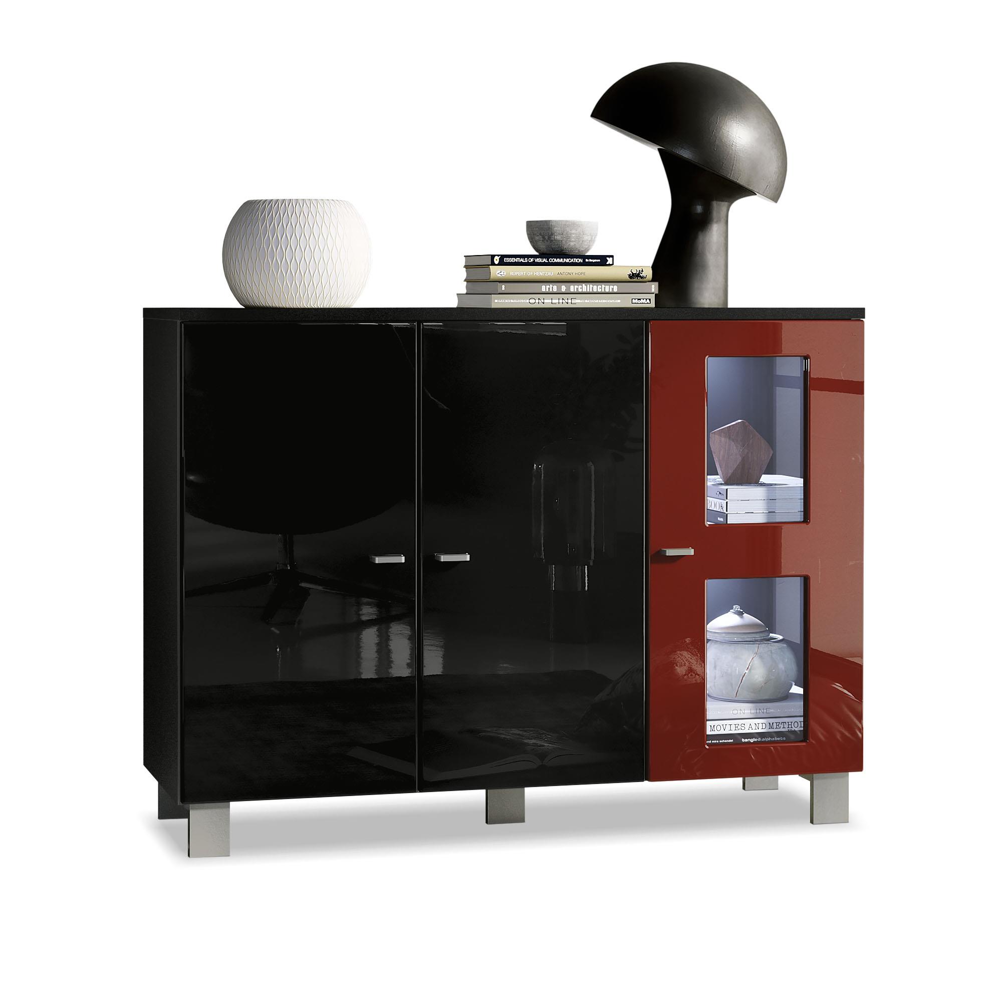 Sideboard Denjo  mit 3 Türen Schwarz matt&glänzend/Bordeaux glänzend mit Beleuchtung (107x81x35 cm)