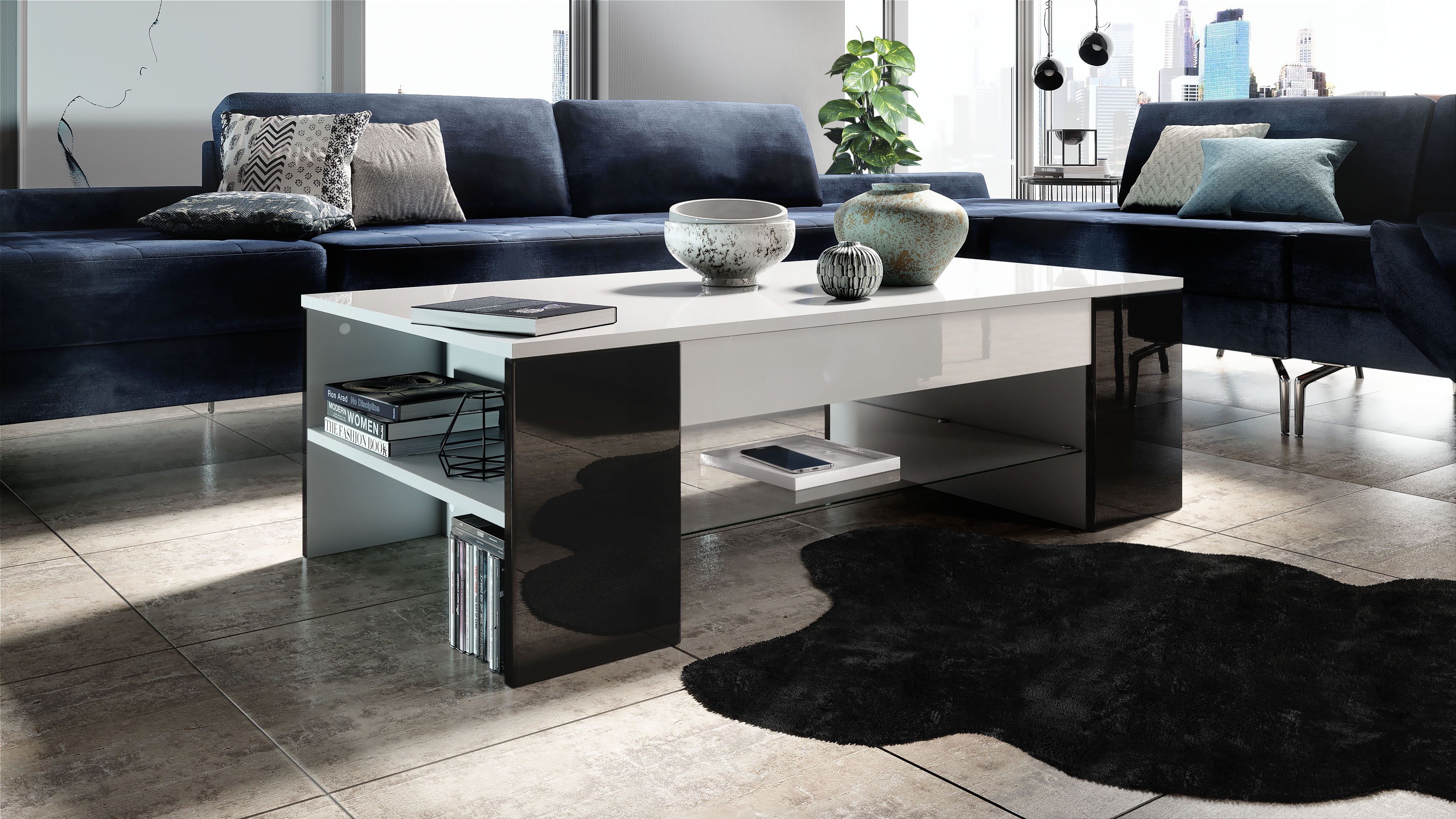 Tisch Clip  mit 2 Seitenfächern und 1 Glasplatte Weiß matt/ Schwarz Hochglanz (118 x 37 x 60 cm)