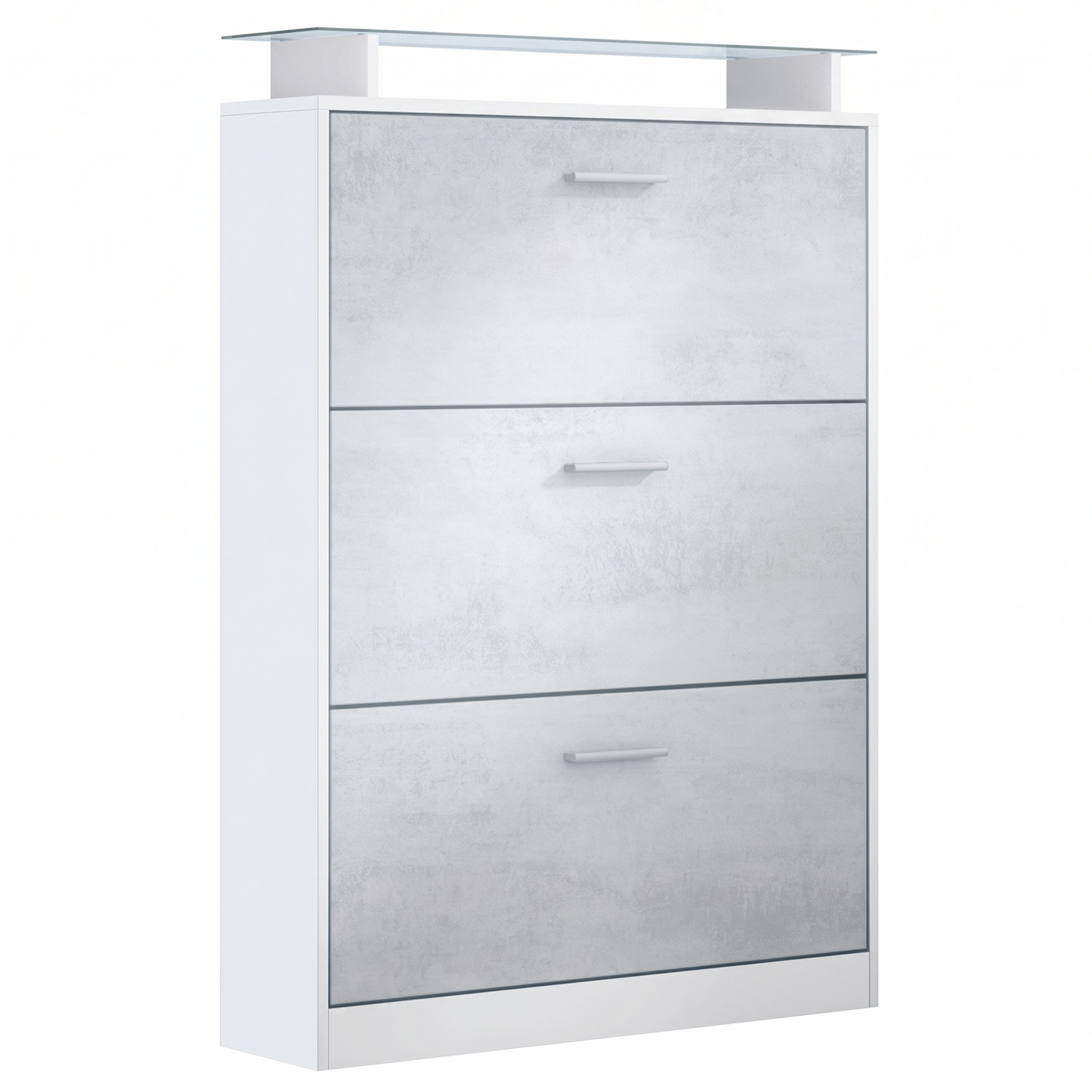Schuhschrank Lavia  für 24 Paar Schuhe mit 3 Klappen und Glasablage Weiß matt/Beton Oxid Optik (89 x 128 x 23 cm)