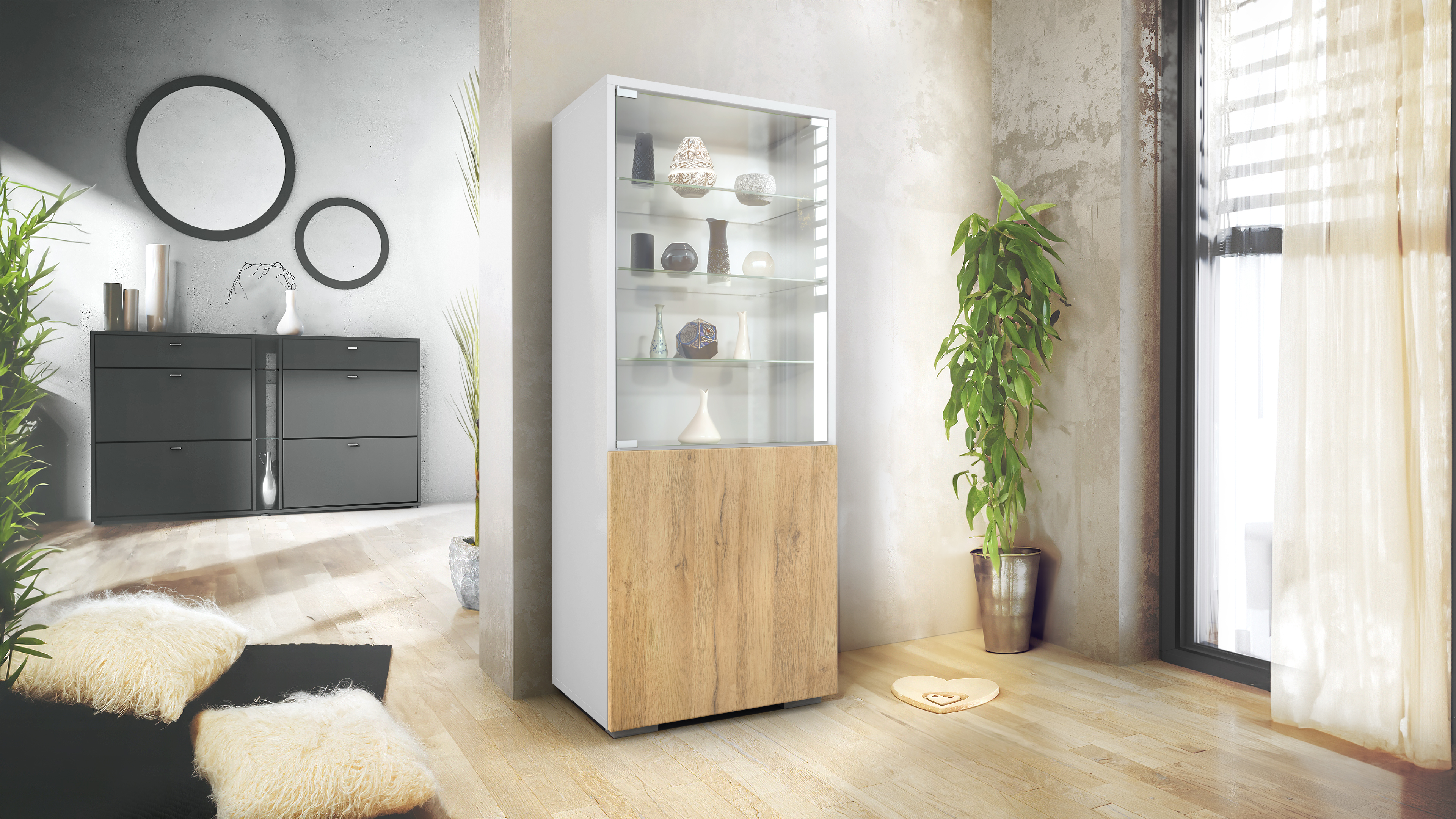 Granada Vitrine Weiß mit Glastür und Glaseinsatz Weiß matt/Eiche Natur (50 x 122,5 x 34,5 cm)