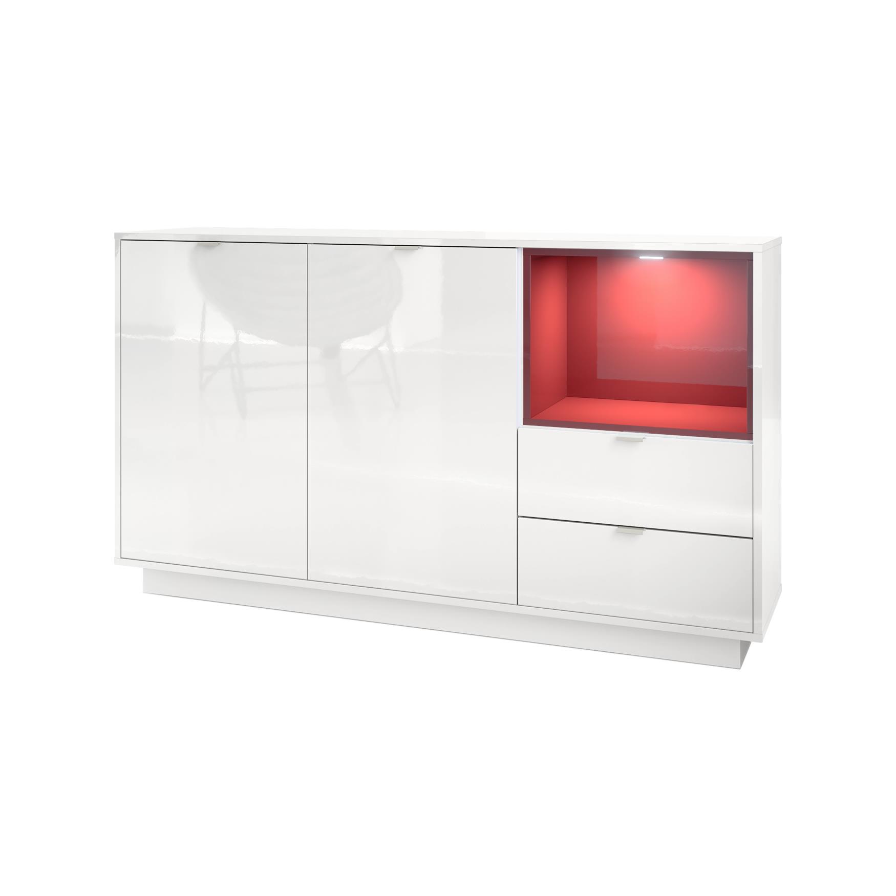 Sideboard  Metro  mit 2 Türen, 2 Schubladen und 1 offenem Fach Weiß Hochglanz/Bordeaux Hochglanz inkl. LED Beleuchtung (153x88x38 cm)