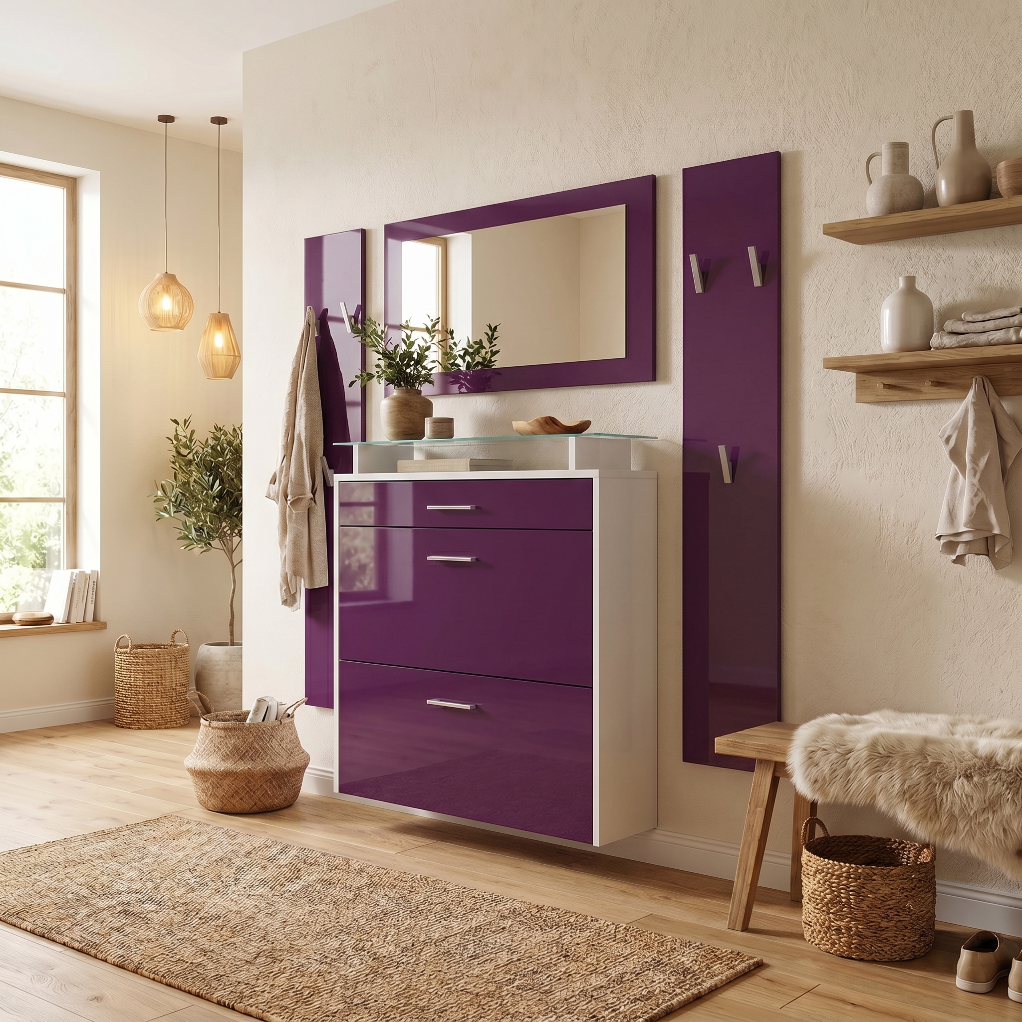 Garderobenset Malea 1 Wandspiegel und 2 Garderobenpaneele Weiß matt/Brombeer Hochglanz