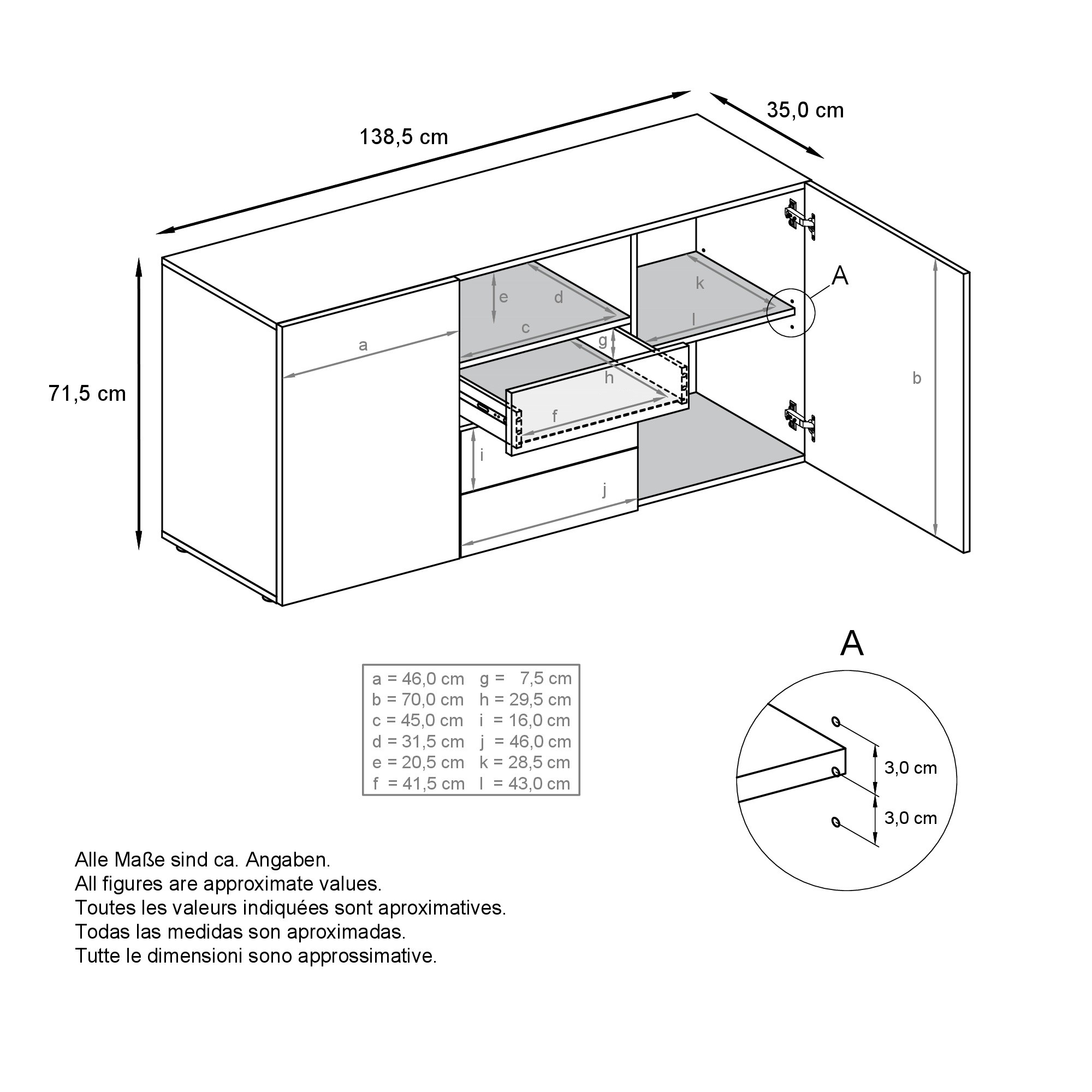 Skadu Neo Sideboard Anthrazit mit 2 Türen, 3 Schubladen und 1 offenem Fach Anthrazit matt/Weiß matt (138,5 x 71,5 x 35 cm)