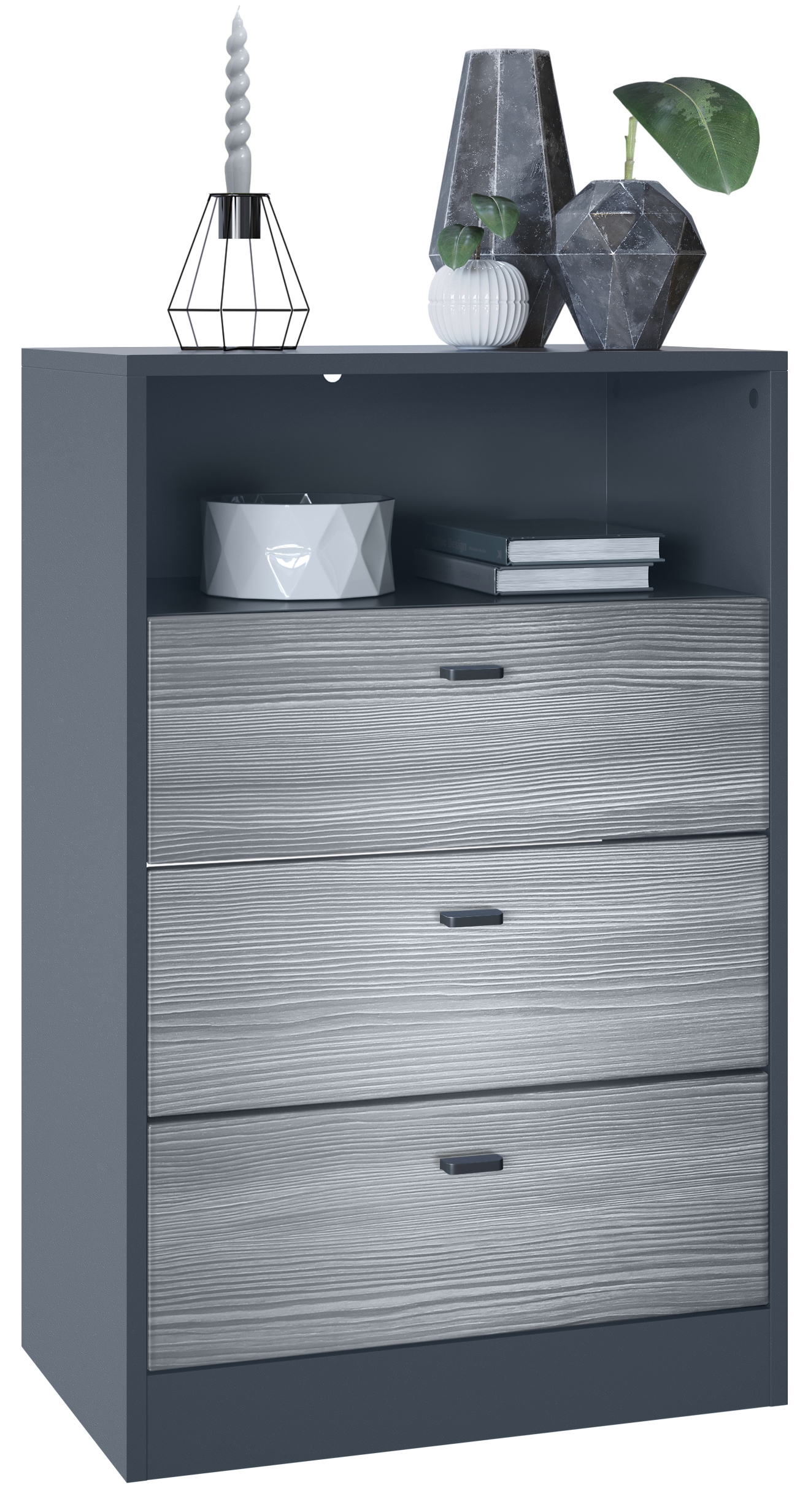 Kommode Pino V2  mit 3 Schubladen & 1 offenem Fach Anthrazit matt/Avola-Anthrazit (56 x 86,5 x 36 cm)