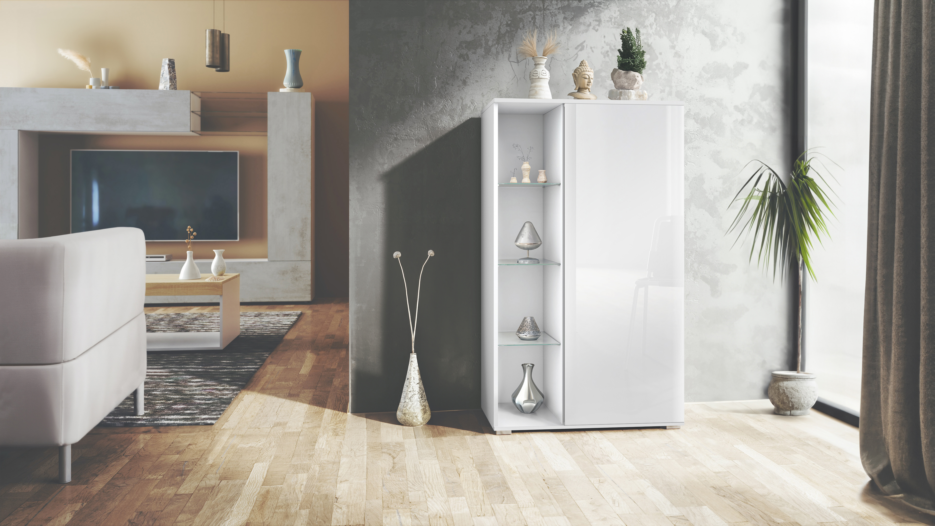 Vitrine Davos mit 3 Glasböden und 8 Fächer Weiß matt/Weiß Hochglanz (71,5 x 134 x 35 cm)