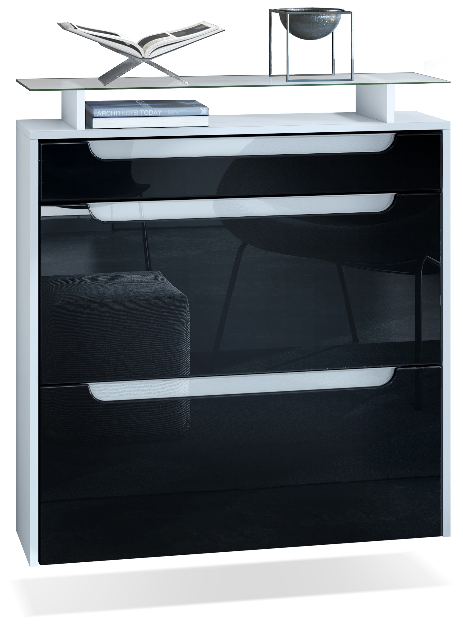 Schuhschrank Annie mit 2 Klappen, Schublade und Glasablage Weiß matt/Schwarz Hochglanz/Weiß Hochglanz (89 x 96 x 23 cm)