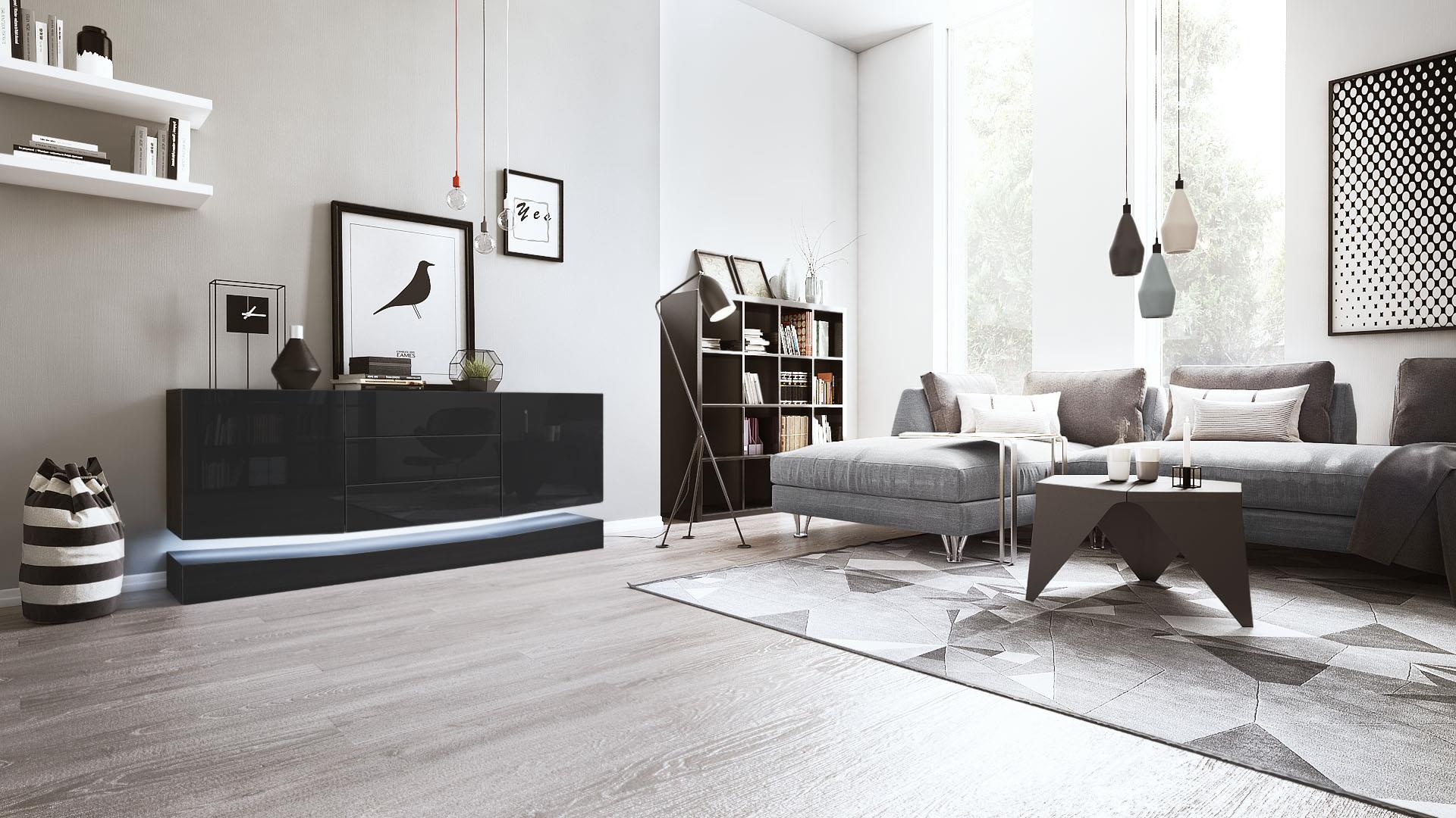 Sideboard City und 3 Schubladen inkl. LED-Beleuchtung,  Schwarz matt/Schwarz Hochglanz (178 x 72 x 38 cm)