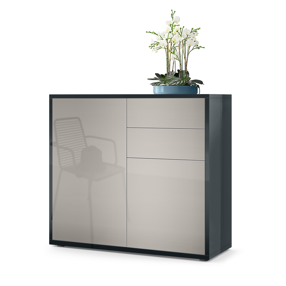 Kommode Ben  mit 2 Türen und 2 Schubladen Schwarz Hochglanz/Sandgrau Hochglanz (79 x 74 x 36 cm)