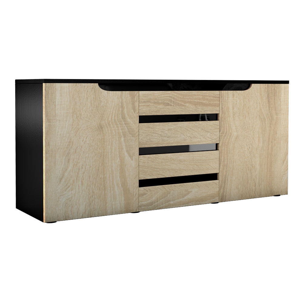 Sideboard Sylt mit 2 Türen und 4 Schubladen Schwarz matt/Eiche sägerau/Schwarz Hochglanz (139 x 72 x 35)