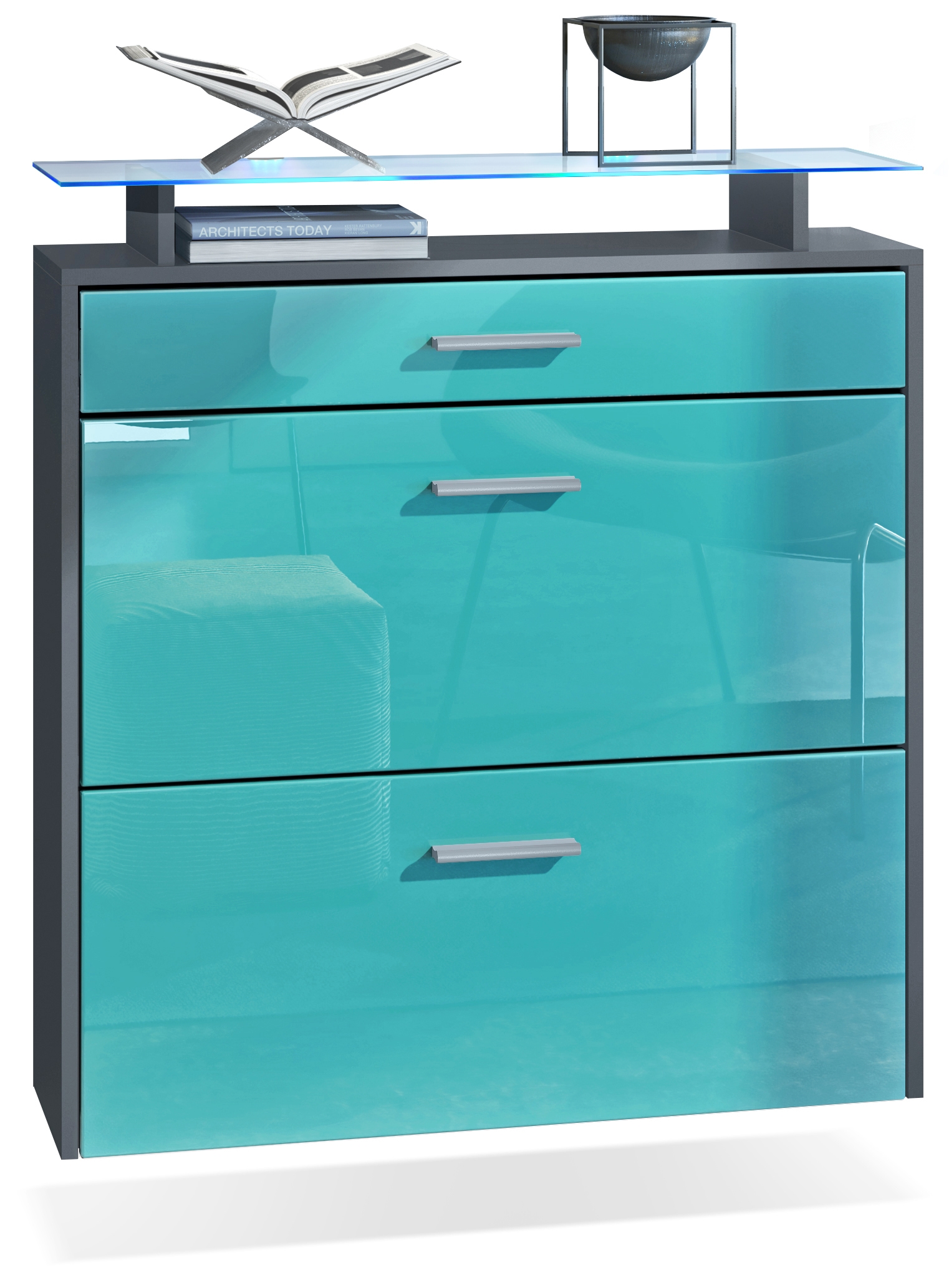 Schuhschrank Malea mit 2 Klappen und 1 Schublade und Glasablage Anthrazit matt/Petrol Hochglanz, mit Beleuchtung blau (89x96x23 cm)