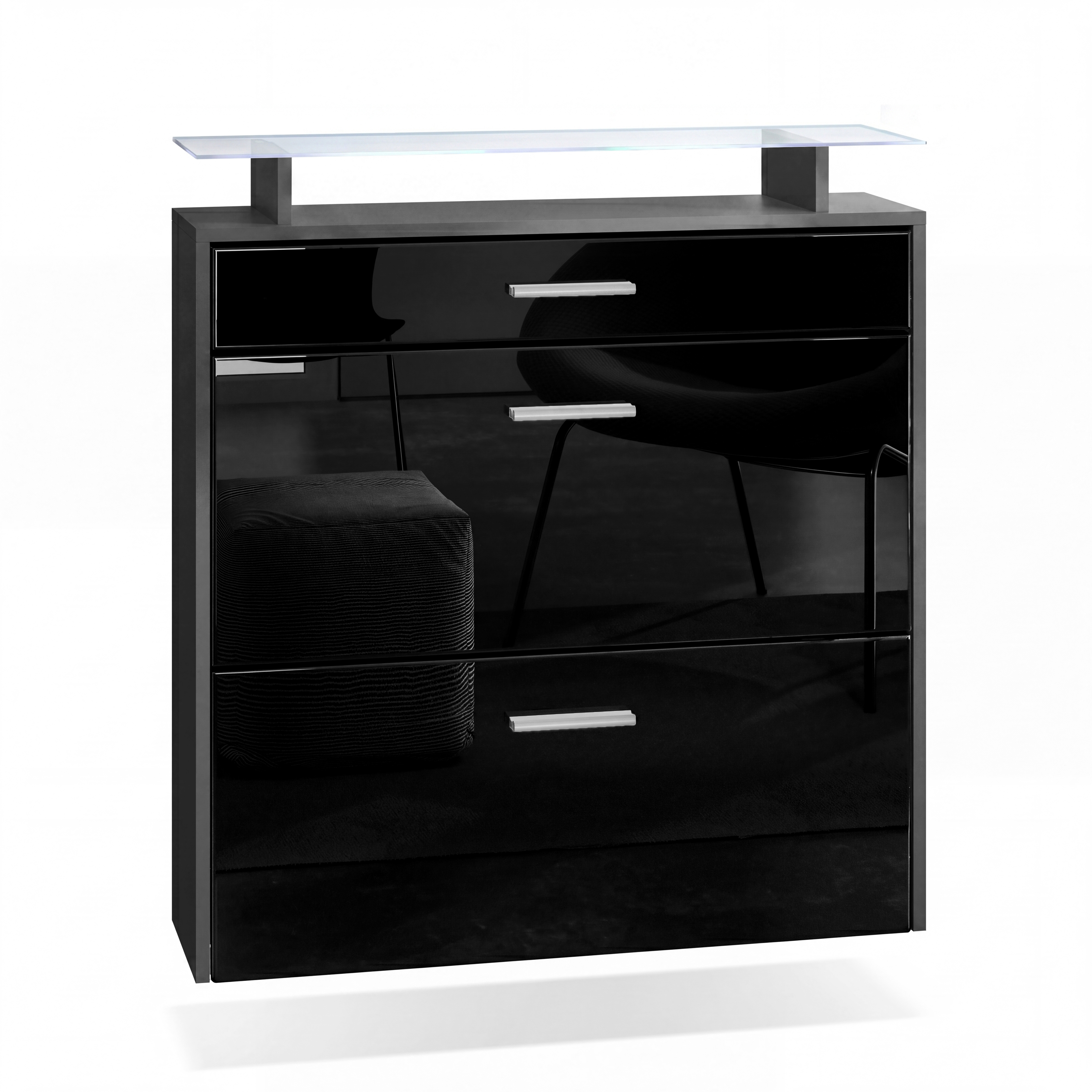 Schuhschrank Malea mit 2 Klappen und 1 Schublade und Glasablage Anthrazit matt/Schwarz glänzend, mit Beleuchtung weiß(89x96x23 cm)
