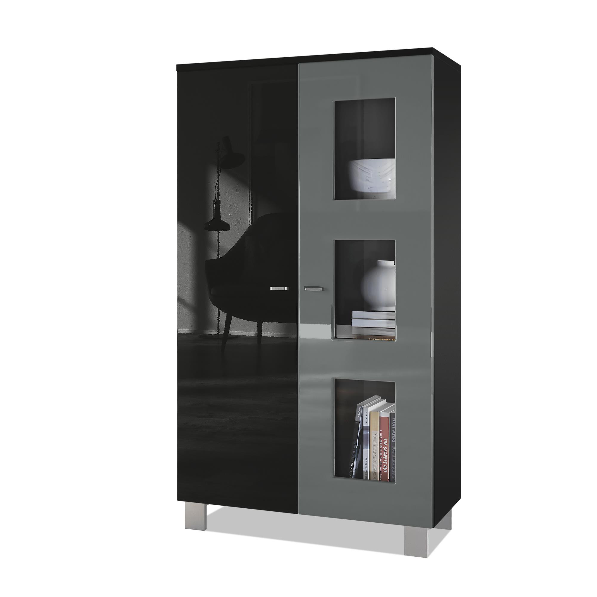 Vitrine Denjo  mit 2 Türen und 3 Glaseinsätzen Schwarz matt/ Schwarz Hochglanz/ Grau Hochglanz (71 x 129 x 35 cm)