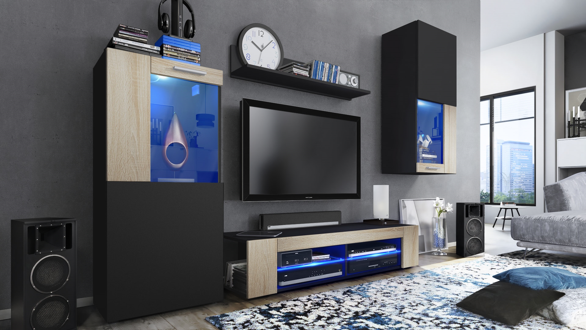 Wohnwand Movie 4-tlg. Schwarz mit LED  bestehend aus 1 TV-Board, 2 Vitrinen und 1 Regal Schwarz matt/Eiche Sägerau mit Beleuchtung (300x190x39 cm)