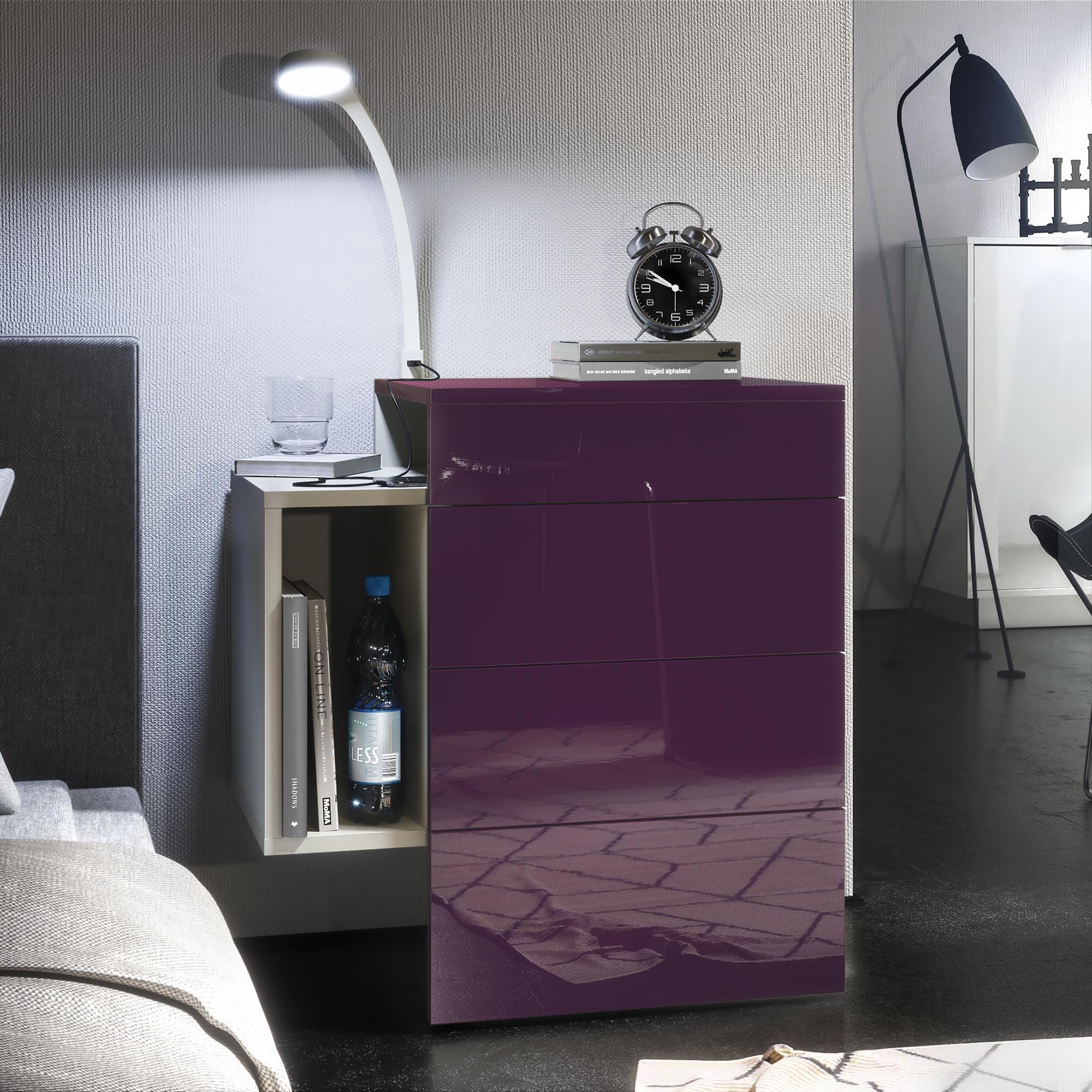 Nachttisch Queens und 1 seitlichem Fach zur Wandmontage Weiß matt/Brombeer Hochglanz inkl. LED Flexi Lampe (60 x 63 x 36 cm)