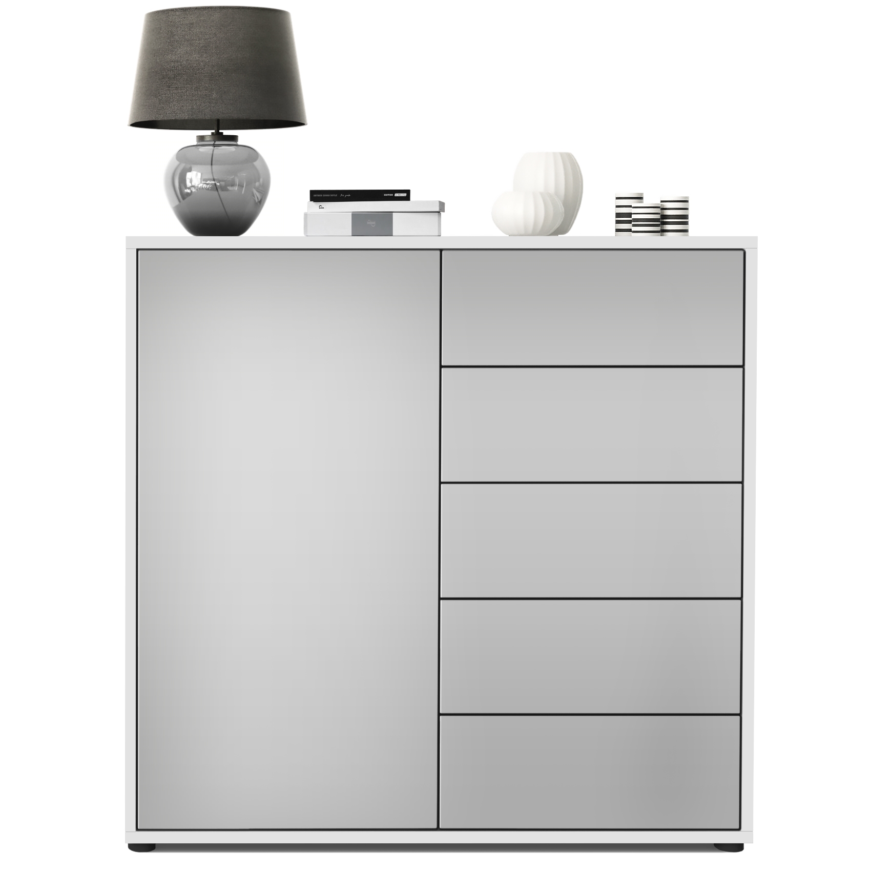 Kommode Ben V2  mit 1 Tür und 5 Schubladen Weiß matt/Hellgrau Seidenmatt (79 x 74 x 36 cm)