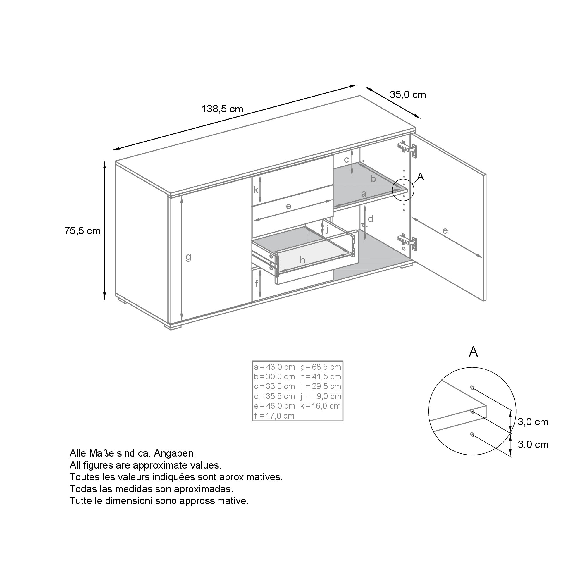 Sideboard Faro V1 Anthrazit Schrank mit LED Lichtleiste Anthrazit matt / Avola-Anthrazit (138,5 x 75,5 x 35)
