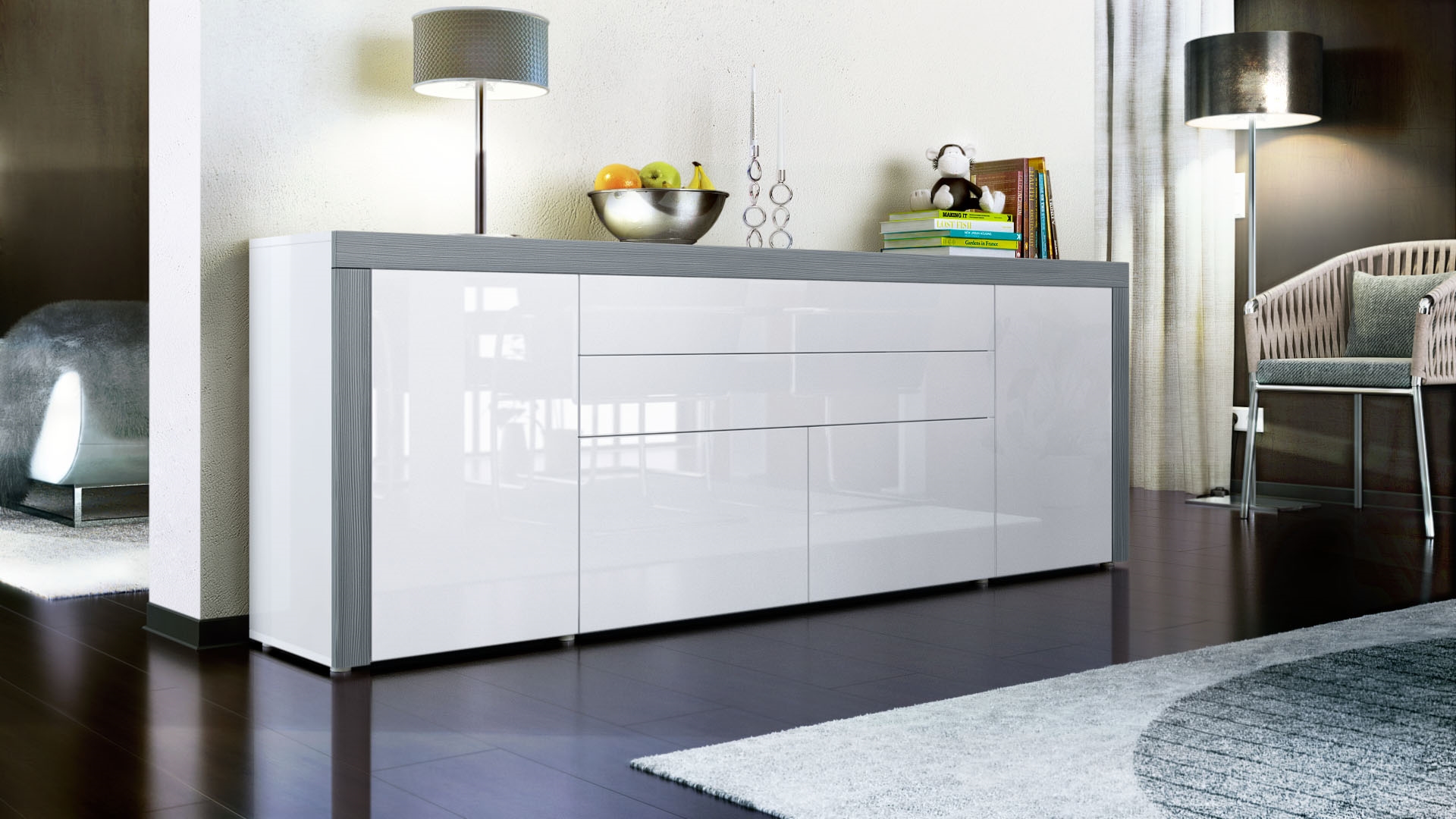 Sideboard La Paz V2 mit 2 Türen, 2 Schubkästen und 2 Klappen Weiß Hochglanz/Avola-Anthrazit (200 x 72 x 35 cm)
