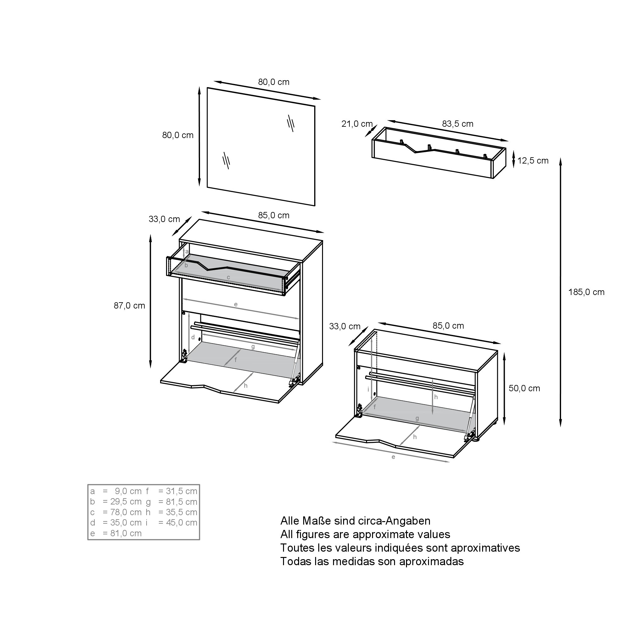 Garderobenset Kolmio 1 Schuhbank, 1 Spiegel und 1 Wandgarderobe Weiß matt/Beton Oxid Optik (190 x 185 x 33 cm)