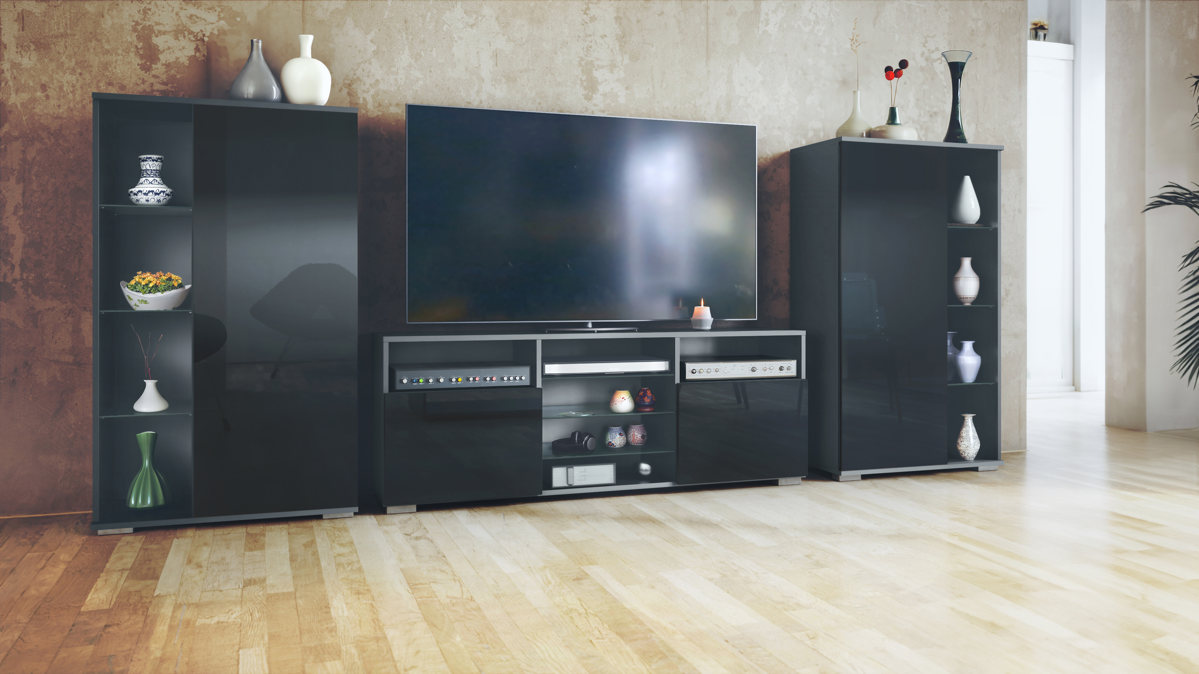 Wohnwand Davos 3-tlg. bestehend aus 2 Vitrinen und 1 TV-Board Anthrazit matt/Schwarz Hochglanz (329 x 134 x 35 cm)