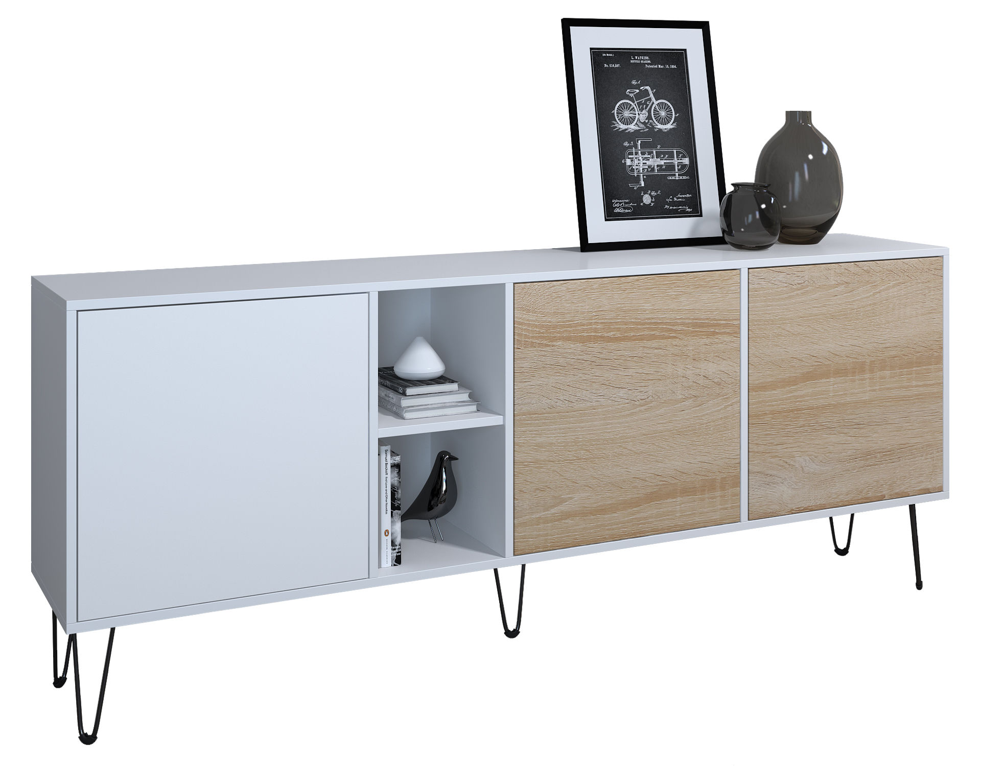 Sideboard Havana Kommode Made in Germany Weiß matt / Eiche sägerau (181,5 x 73 x 35 cm)
