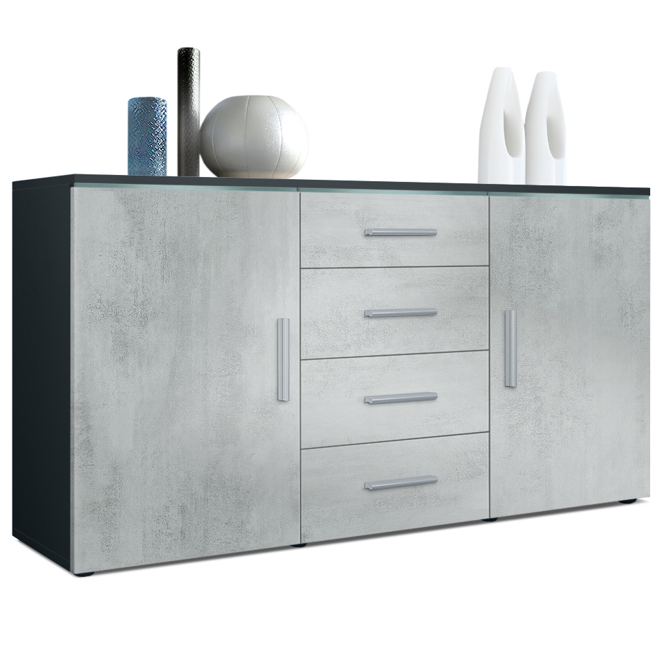 Sideboard Faro mit 2 Türen und 4 Schubladen Schwarz matt/Beton Oxid Optik (139 x 72 x 35)