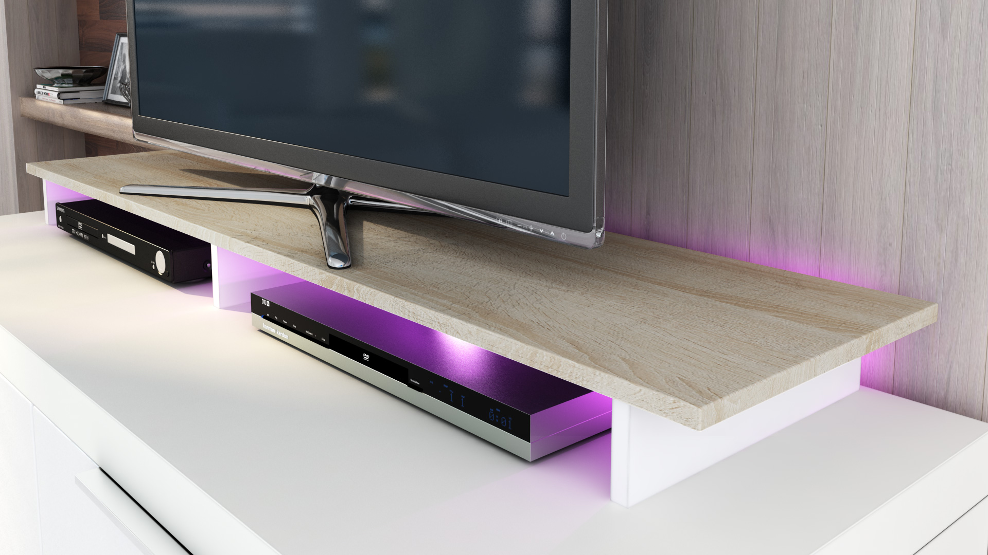 TV Aufsatz Game  zur Erhöhung Weiß matt/Eiche sägerau (138,5 x 9,5 x 34,5 cm)