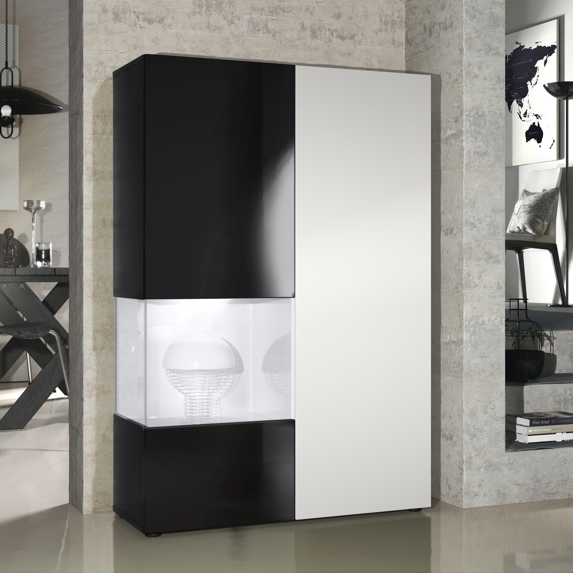 Vitrine Morena  mit 2 Türen dahinter ingesamt 7 Fächer Schwarz matt/Schwarz glänzend/Weiß matt mit Beleuchtung (92x135x37 cm)