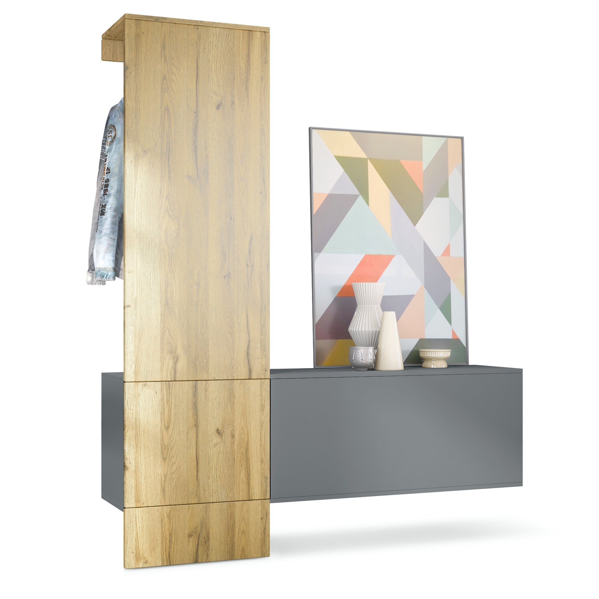 Garderobe Carlton Set 4 Anthrazit 3-tlg. 1 Paneel und 1 Schrankmodul Anthrazit matt/Eiche Natur (156,5 x 193 x 35 cm)