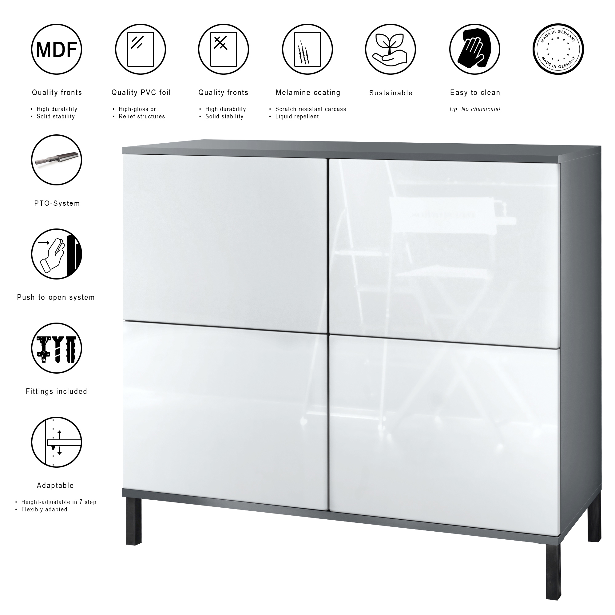 Rova V3 Kommode Anthrazit mit 4 Push-to-Open Türen Anthrazit matt / Grau Hochglanz (92,5 x 83.5 x 35)