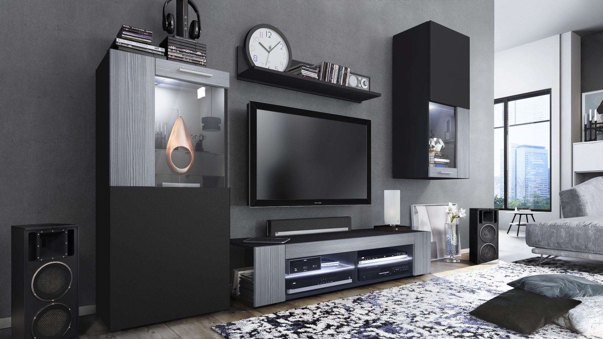 Wohnwand Movie 4-tlg. Schwarz mit LED  bestehend aus 1 TV-Board, 2 Vitrinen und 1 Regal Schwarz matt/Avola-Anthrazit mit Beleuchtung (300x190x39 cm)
