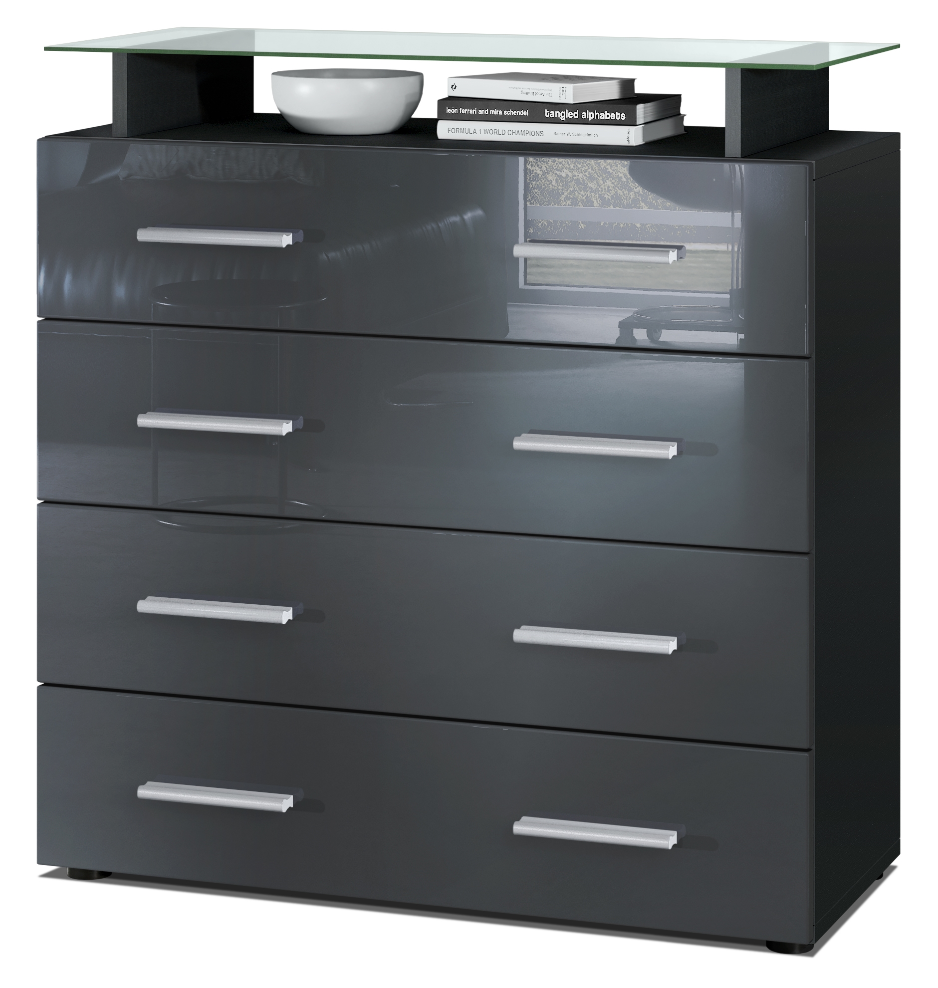 Kommode Pavos V2 mit 4 Schubladen und Glasablage Schwarz matt/Grau Hochglanz (76 x 81 x 35 cm)