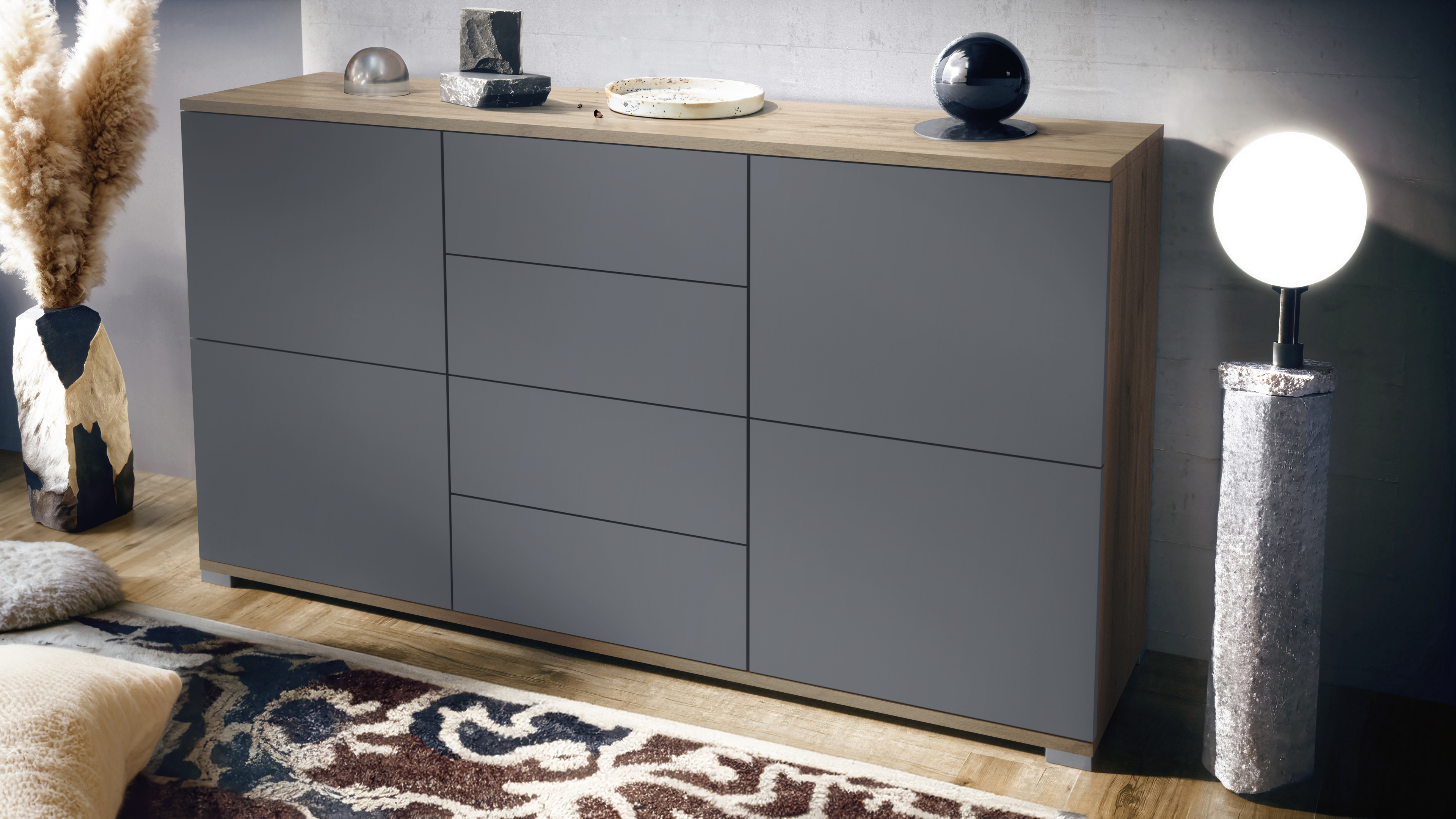 Sideboard Rova V1 4 Schubladen, Made in Germany, Eiche Evoke/Anthrazit matt (138,5 x 75,5 x 35)